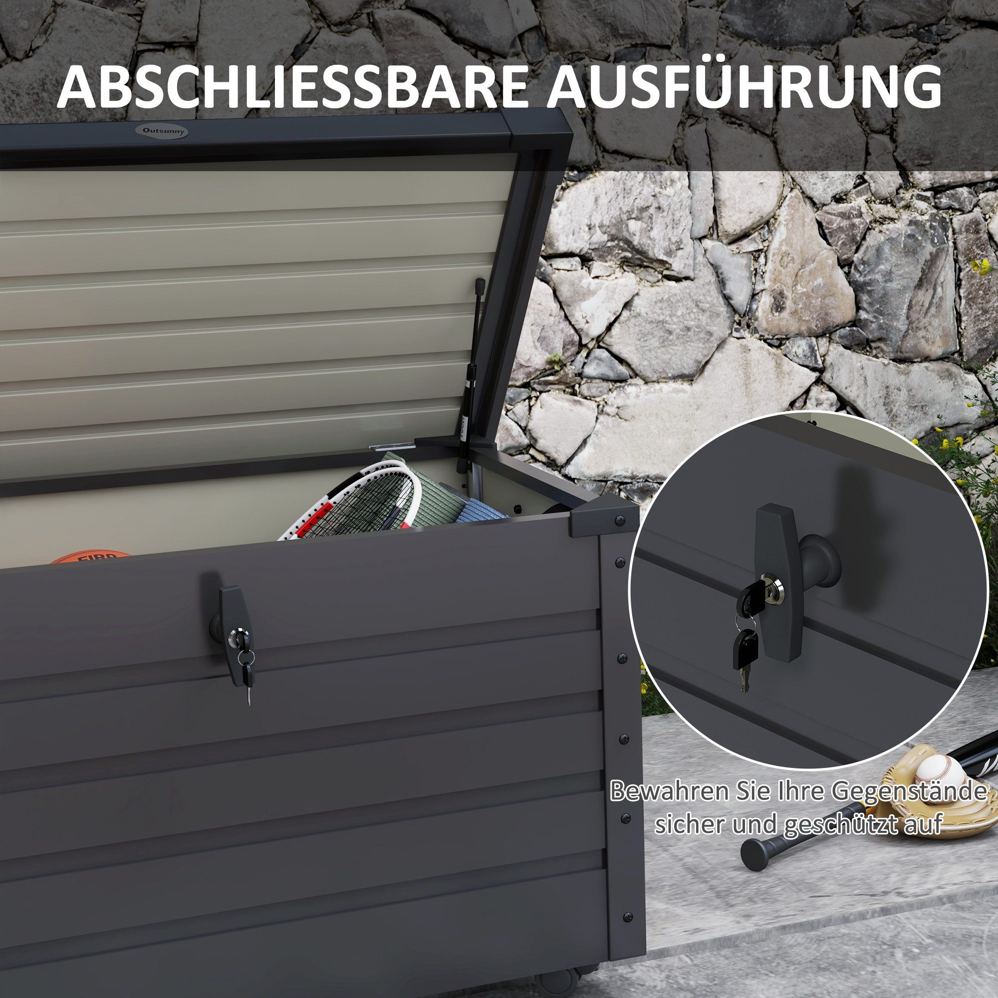 Outsunny Gartenbox Aufbewahrungstruhe mit Schloss, Griff, Rollen