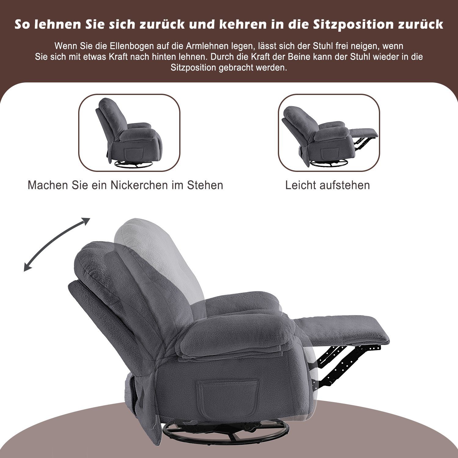 Merax TV-Sessel mit mit Fernsehsessel 360° mit Massagessel Relaxsessel elektrisch Wärmefunktion, Grau Vibration und Timer, Fernbedienung, Drehfunktion und