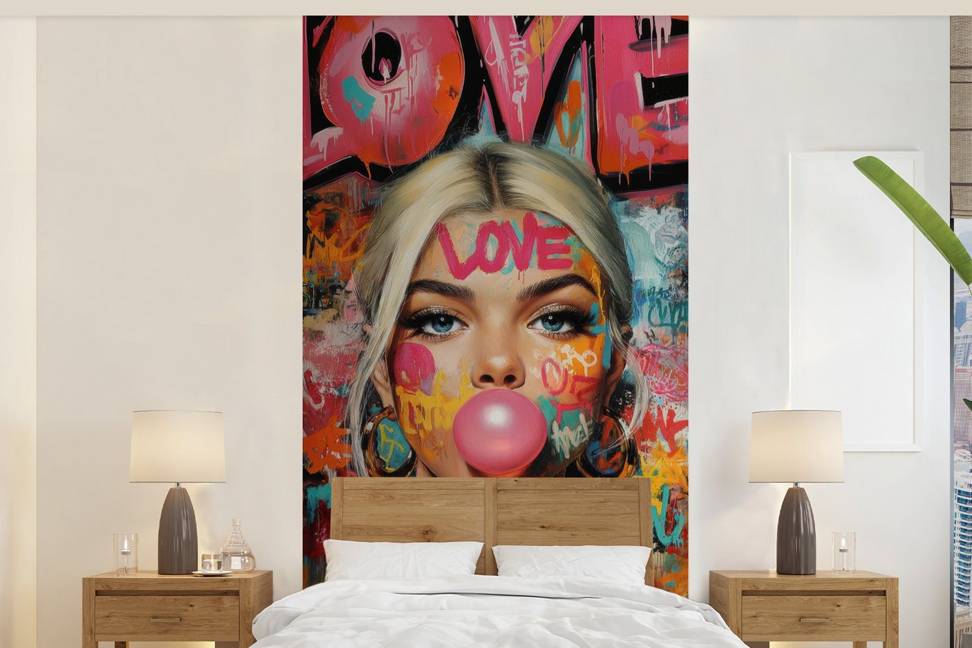 MuchoWow Fototapete Frau - Kaugummi - Graffiti - Liebe, Matt, bedruckt, Vliestapete für Wohnzimmer Schlafzimmer Küche, Fototapete, 120x240 cm