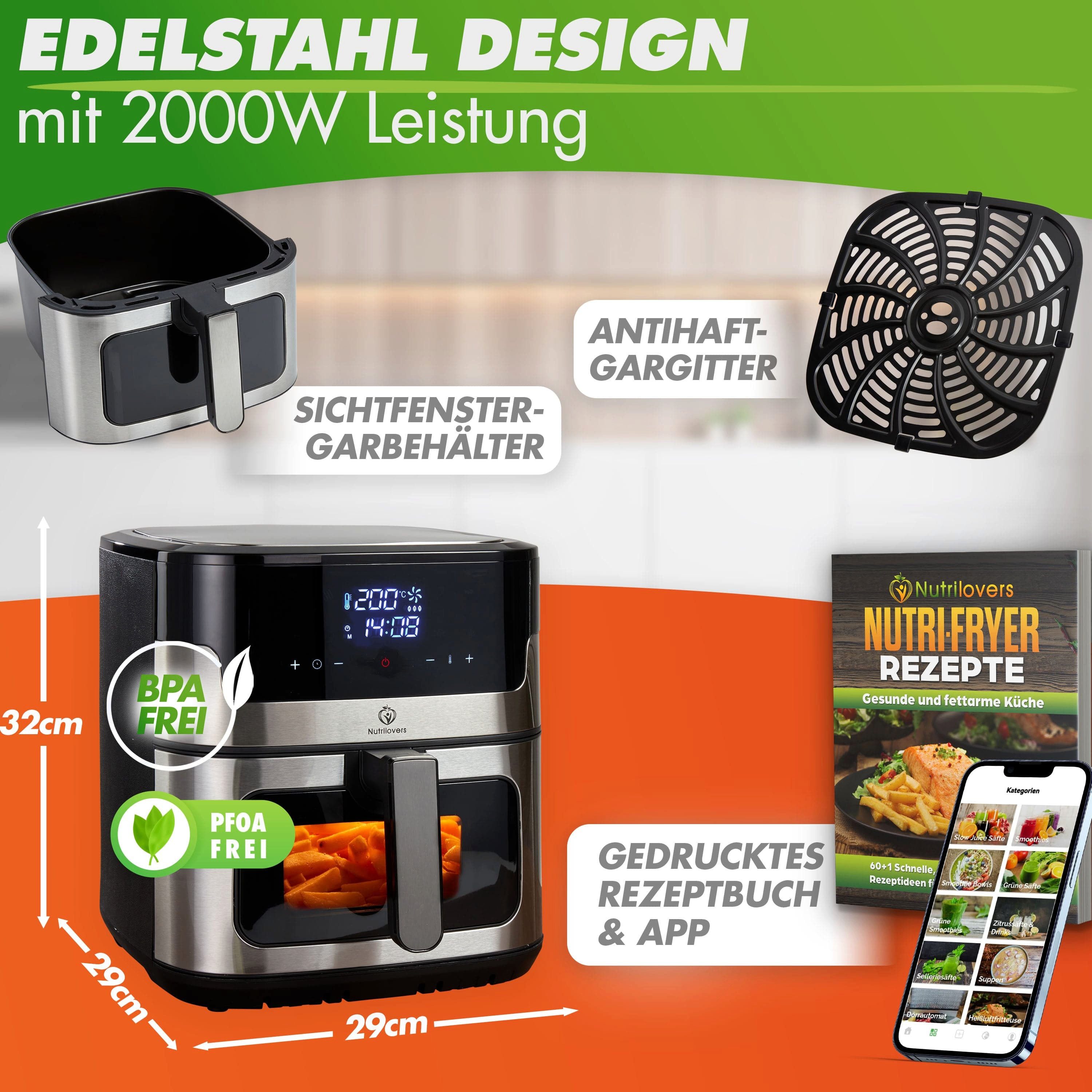 Nutrilovers Heißluftfritteuse NUTRI-FRYER Hei fluftfritteuse Edelstahl, 8L, 2000W, Ober- & Unterhitze, 2000 W