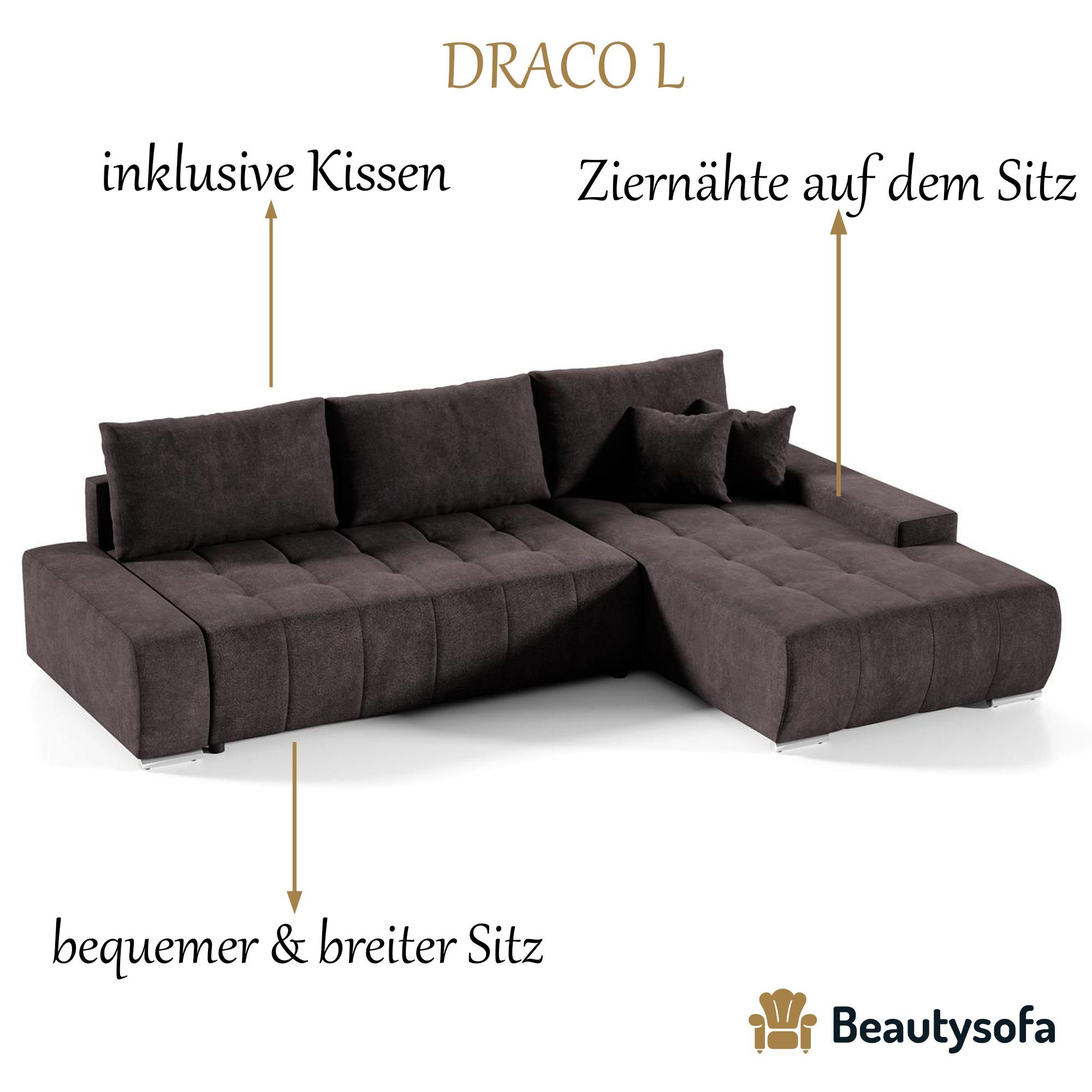 Beautysofa Ecksofa Ecksofa Sofa DRACO Couch Bettkasten Schlaffunktion, Braun Wohnzimmer mit (aston 04)