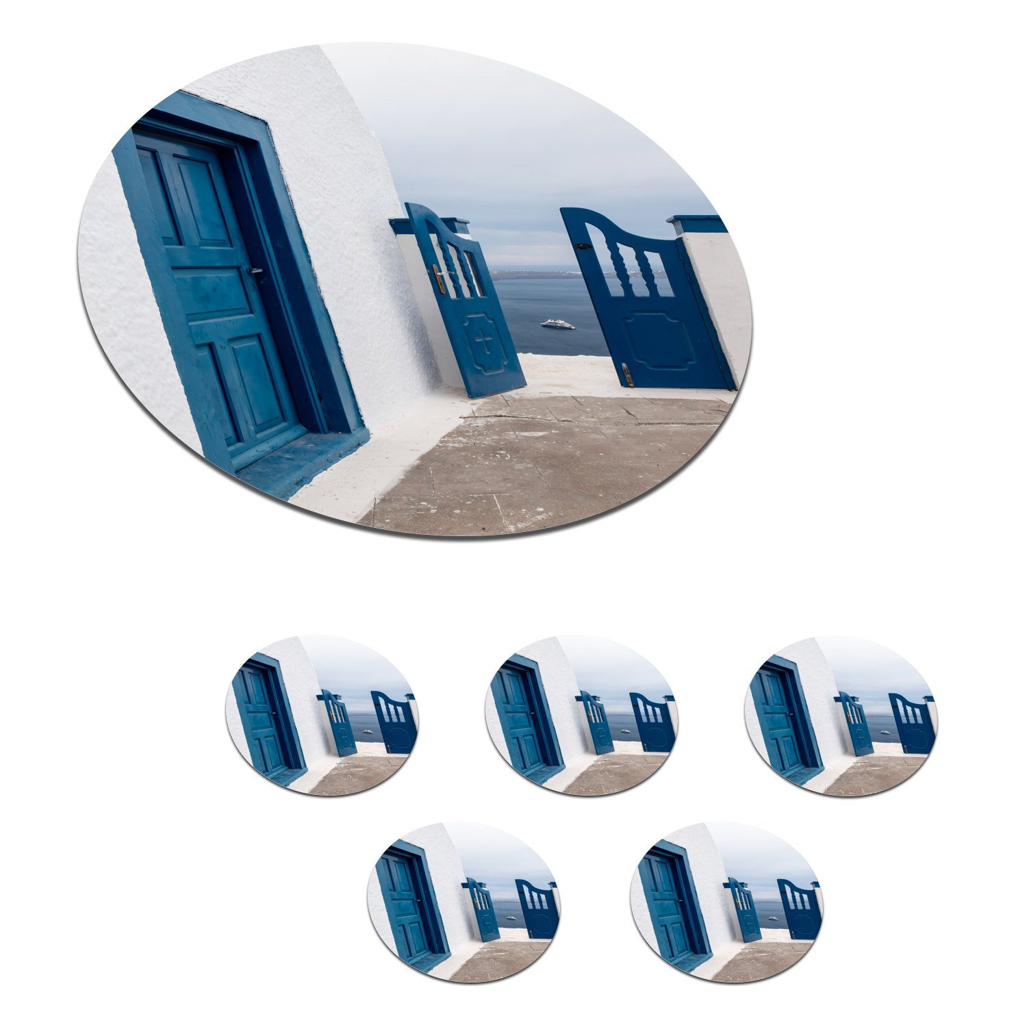 MuchoWow Glasuntersetzer Tür - Blau - Weiß - Architektur, Zubehör für Gläser, 6-tlg., Getränkeuntersetzer, Tassenuntersetzer, Korkuntersetzer, Tasse, Becher