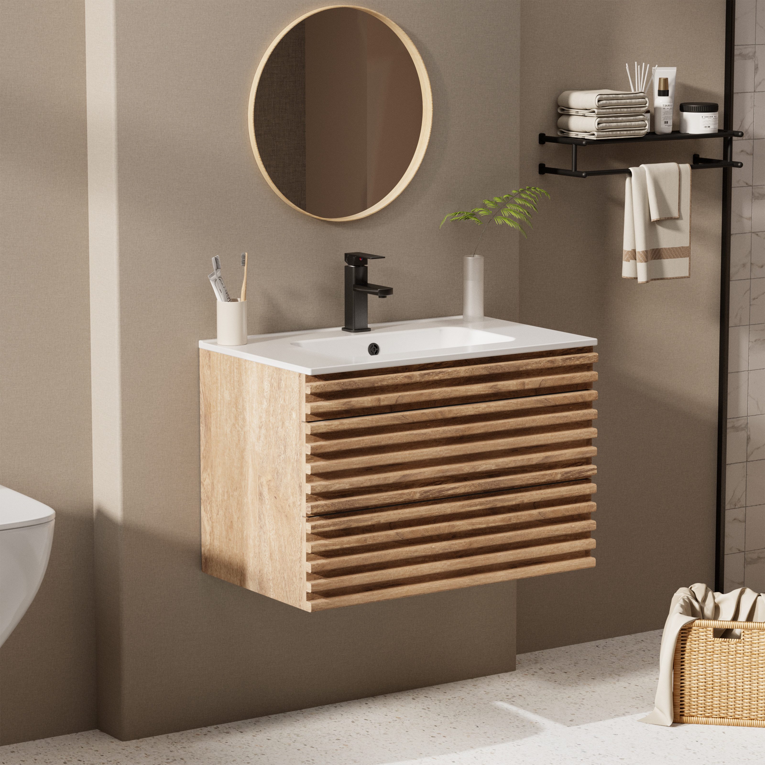 UEV Waschtisch mit Unterschrank, natur, 60cm/75cm/90cm hängend, Badezimmerschrank (Waschtischunterschrank, Badmöbel für Gäste WC, Natur, mit Wasserhahn und Pop-up-Ablassventil), Soft-Close-System, Unterschranke fürs Bad,Waschplatz