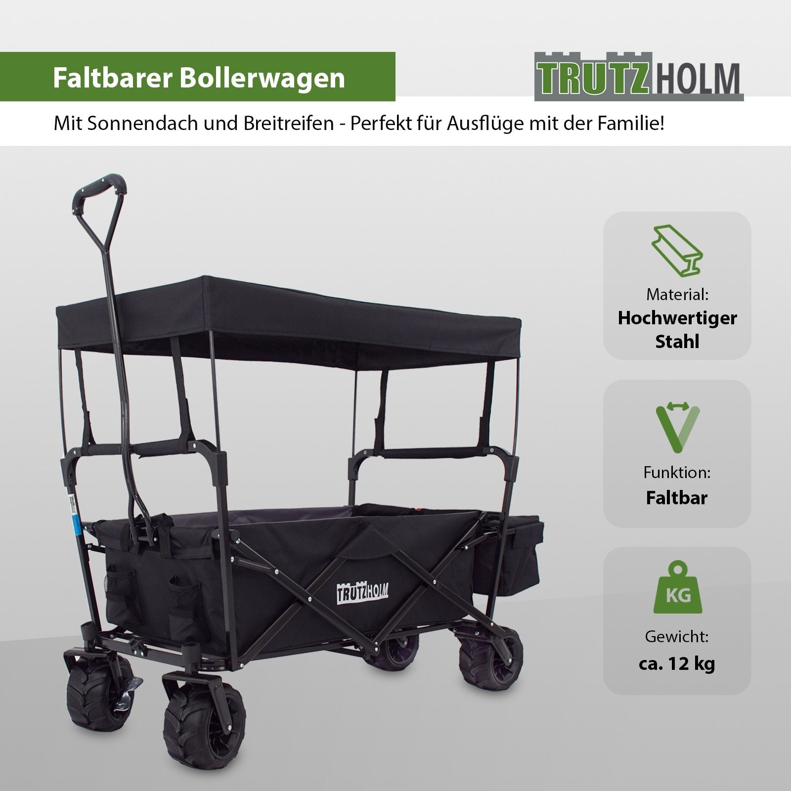 TRUTZHOLM Bollerwagen Bollerwagen faltbar Sonnendach Breitreifen mit grau Schwarz, innen