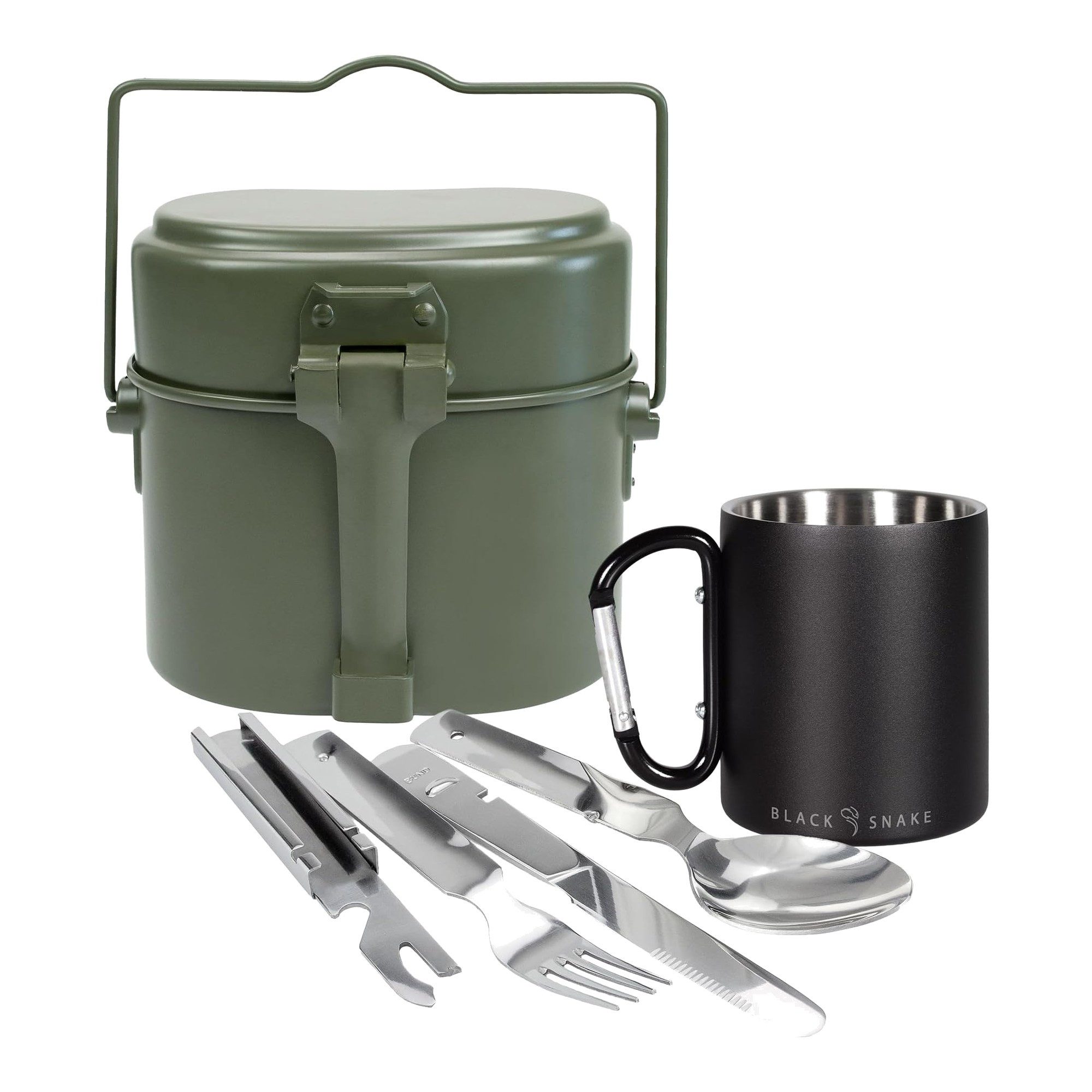 Black Snake Geschirr-Set Kochgeschirr im Bundeswehr-Stil mit Steckbesteck und Karabinertasse (3-tlg), Aluminium, Einsatzschale und Pfannendeckel samt Dosenöffner bei rund 770 g