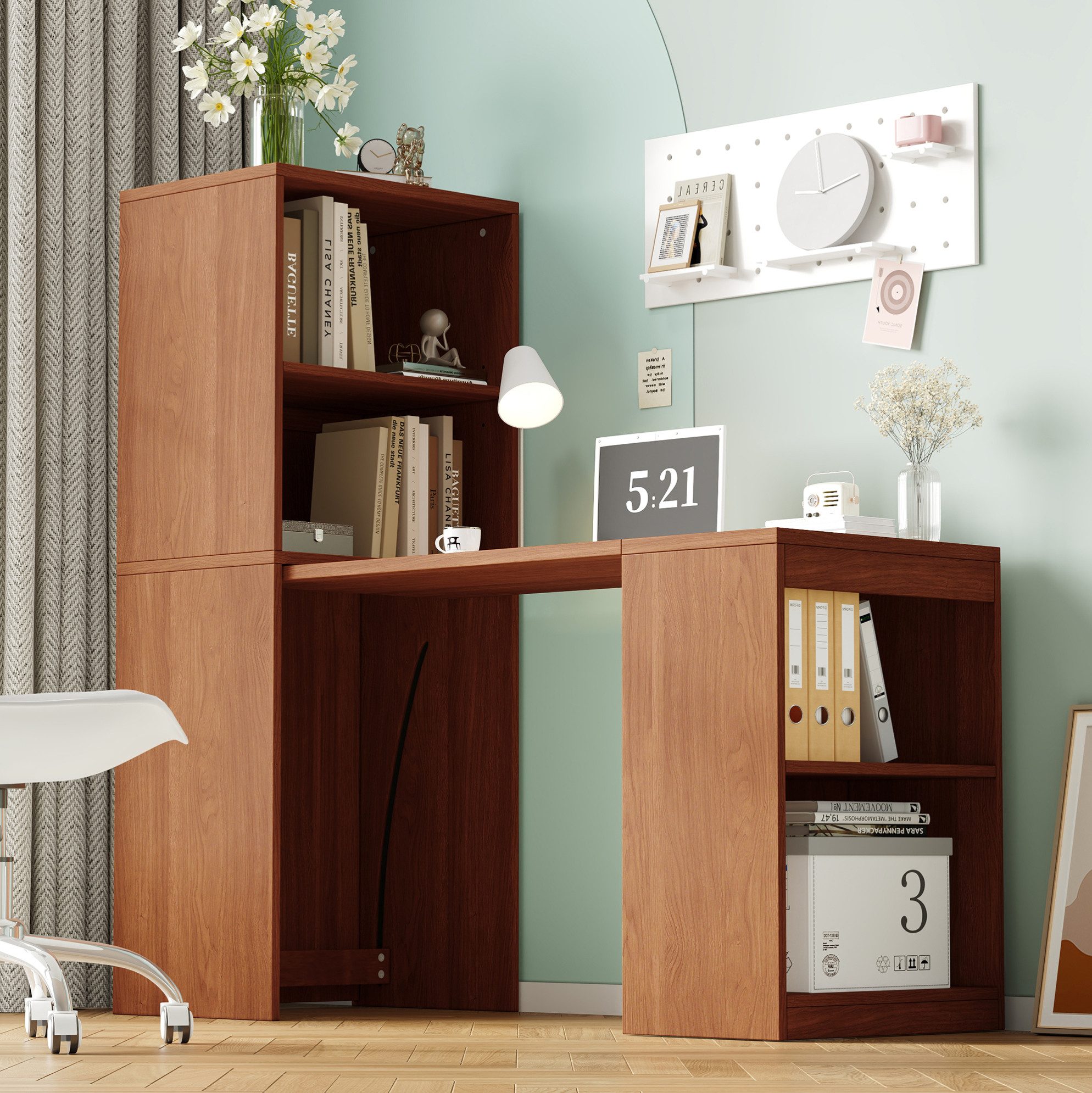 OKWISH Klapptisch 2-in-1 Schreibtisch-Bücherregal mit Klappfunktion (Packung, 1-St., 4 Fächer, Rollen, platzsparend), Walnussholz, 130x51x137 cm, PB
