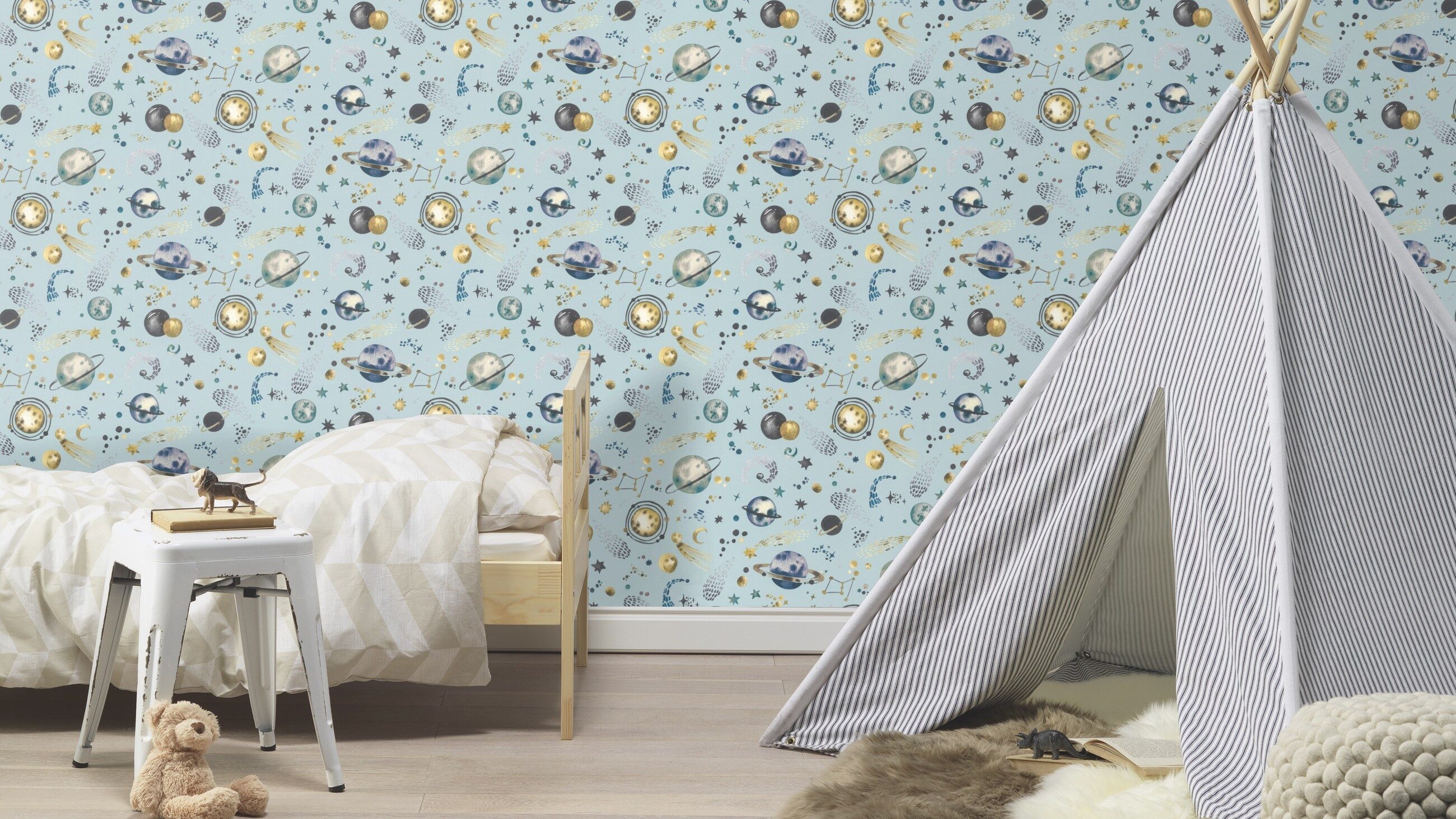 Rasch Vliestapete Weltall-Motiv Schwarz Gold Blau, Fotodruck, (1 Rolle, 1 St., Kollektion 'Kids World II' - 10,05 m x 0,53 m), gute Lichtbeständigkeit, feucht abwischbar, restlos abziehbar
