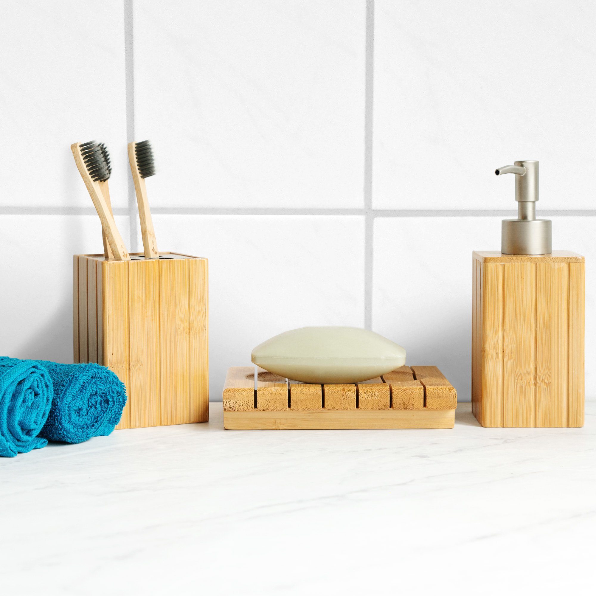 Navaris Badaccessoire-Set Badezimmer Set Bambus 3-teilig günstig online kaufen