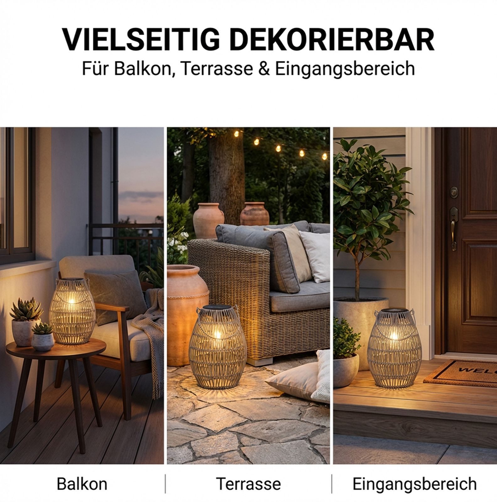 formano LED Laterne Solarlaterne Außen Balkon Metall Laterne Rattan-Look IP44, LED fest integriert