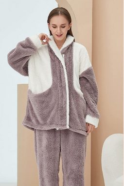 Opspring Pyjama Damen-Pyjama-Set aus Flanell,Freizeitanzug,Winter,zweiteilig