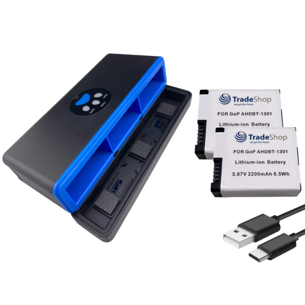 3in1 Set passend für GoPro AHDBT-1301PR CPSS1B - Triple Ladebox + 2x Kamera-Akku