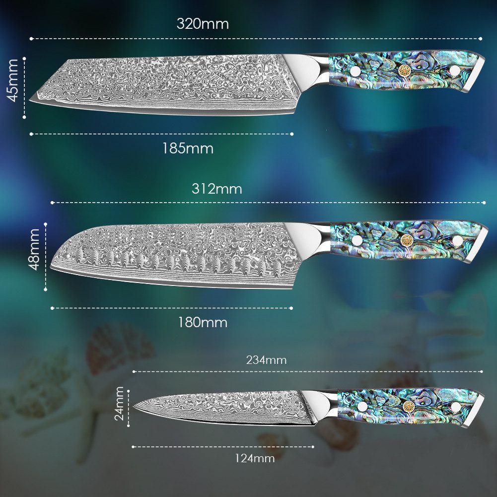 KingLux Messer-Set 3er Damast Küchenmesser-Set mit 12.5-19cm Klinge VG10 Damaststahl (3-tlg)
