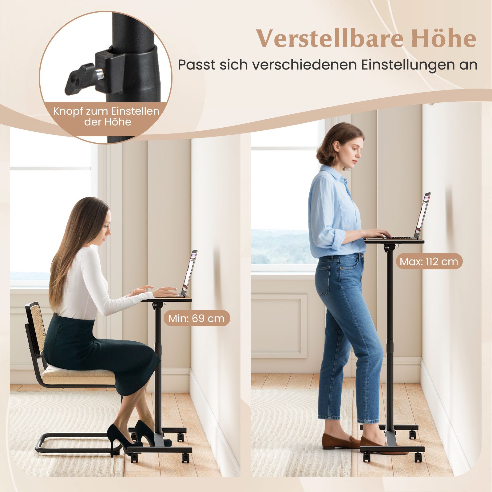 COSTWAY Laptoptisch, Betttisch auf Rollen höhenverstellbar, Beistelltisch neigbar