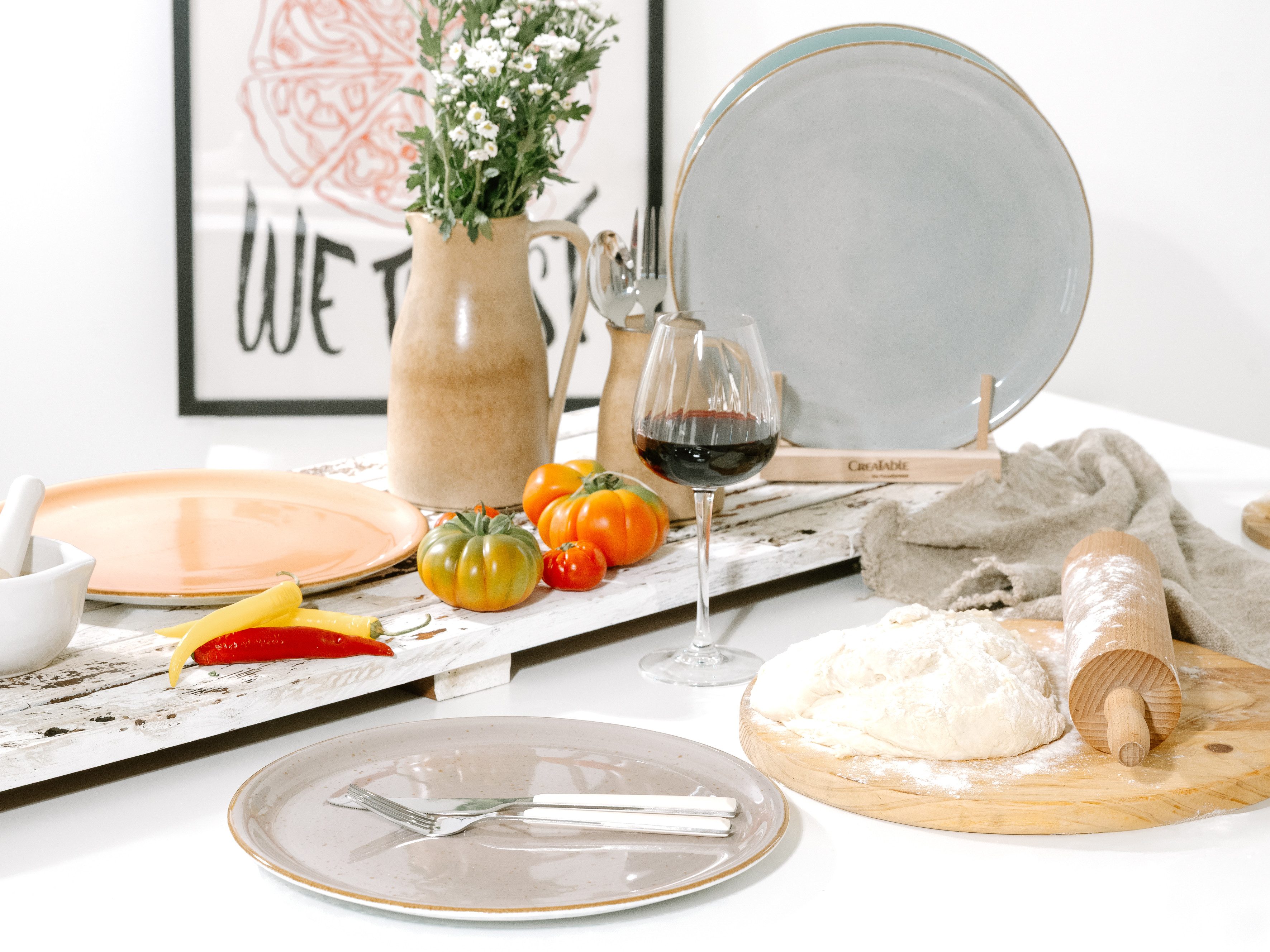 CreaTable Pizzateller Essteller VINTAGE NATURE, (4 St), Teller Set für 4 Personen, Porzellan