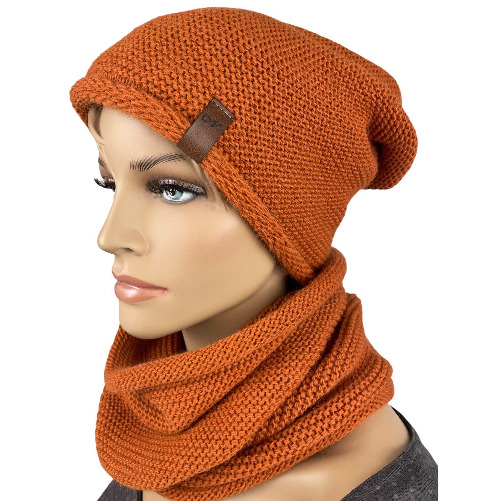 Taschen4life Beanie Mütze & Schal - N-Set unisex (2 teilig, Long-Beanie & Loop-Schal) für Damen und Herren, Strick uni einfarbig, klassisch modischer Stil