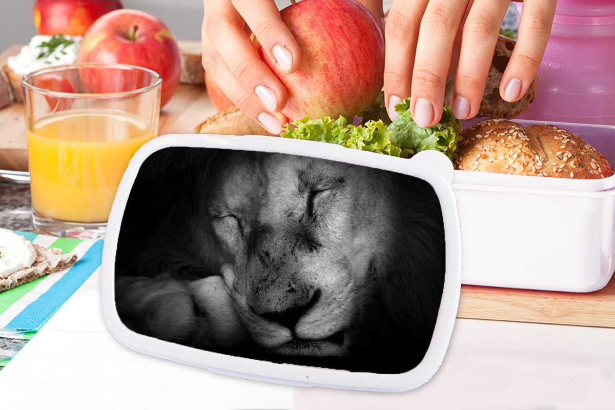 Erwachsene, schwarz Brotdose, weiß, Brotbox schlafender Jungs Tierprofil Lunchbox Kinder für für Kunststoff, MuchoWow in Mädchen und und und (2-tlg), Löwe