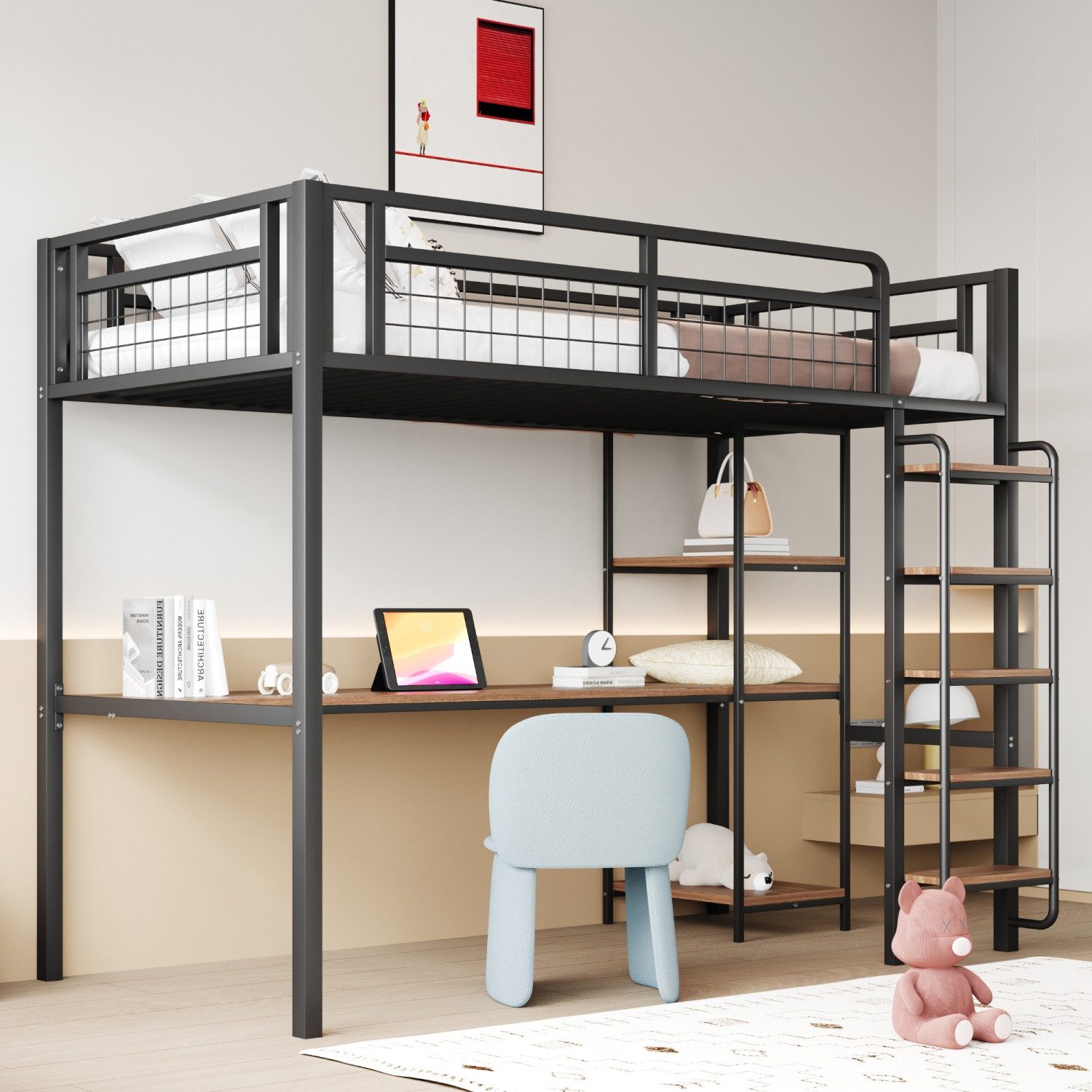 ANYSUN Hochbett Hochbett Metallbett 90x200 140x200 mit Tisch und Regal (Kinderbett Sicherheitsleiter mit Treppe) Jugendbett Erwachsenenbett, Metallgitter-Sicherheitszaun