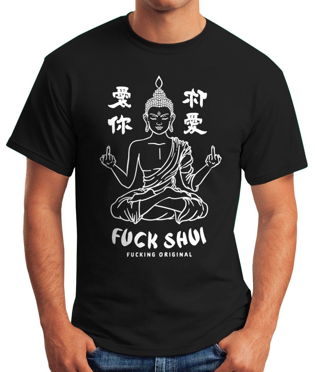 Herren Shirts MoonWorks Print-Shirt Herren T-Shirt Buddha Motiv Fuck Shui Schriftzug Mittelfinger japanische Schriftzeichen Fun-