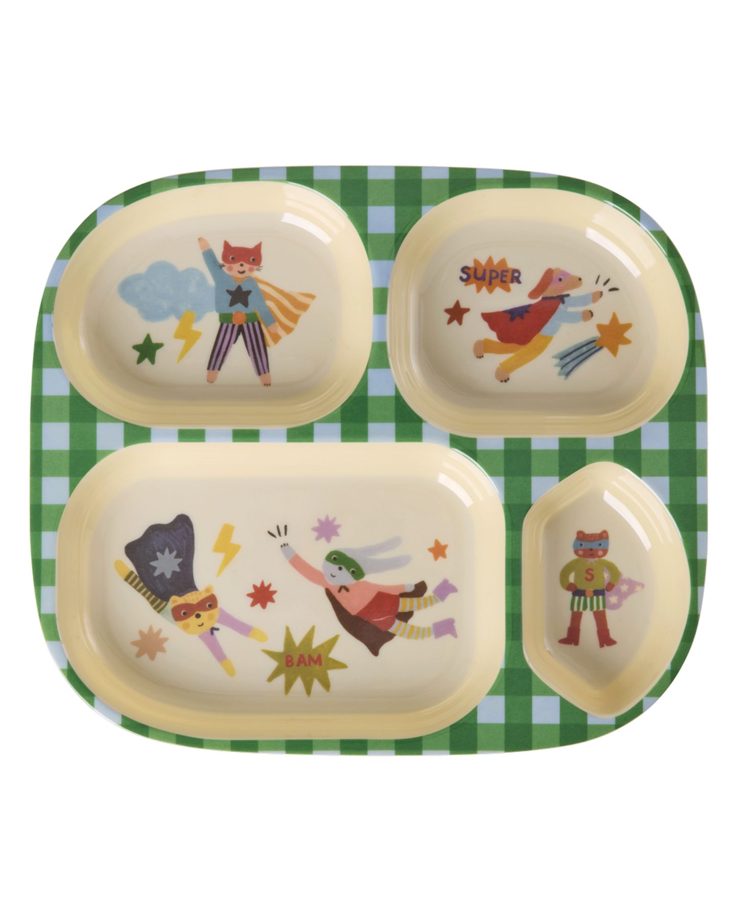 rice Kunststoffteller Rice Melamin Babyteller 4er-Einteilung Super Hero Print Grün