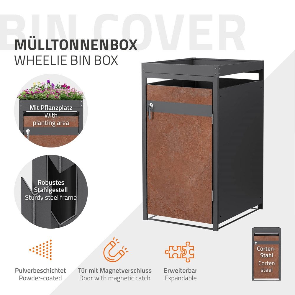 ML-DESIGN Mülltonnenbox Müllbox aus Stahl wetterfeste Mülltonnen Verkleidung Mülltonnengarage, für 1 Tonne 240L 68x80x124cm Anthrazit, Rot-Braun mit Pflanzdach