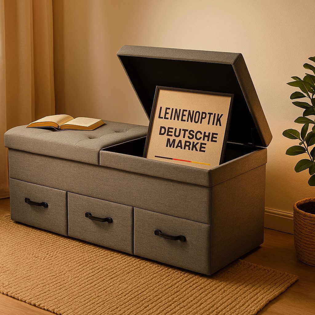 Onbest Sitzbank mit Stauraum gepolstert, 3 Schubladen, bis 110 kg, klappbarer Deckel, Leinenoptik