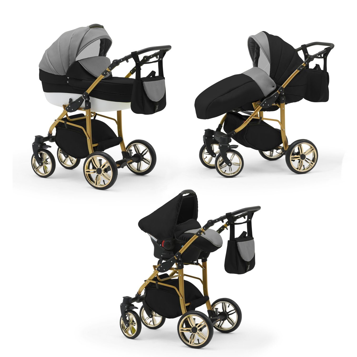 babies-on-wheels Kombi-Kinderwagen 3 in 1 Kinderwagen-Set Cosmo Gold- 16 Teile - in 46 Farben Schwarz-Grau-Weiß