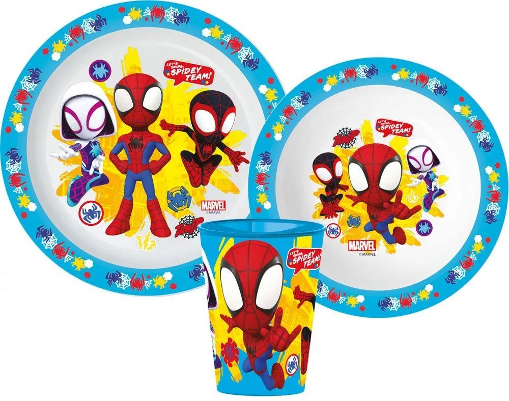 Spiderman Geschirr-Set Spidey und seine Freunde Kinder Frühstücks Set, 1 Personen, Kunststoff, Teller Schüssel Becher
