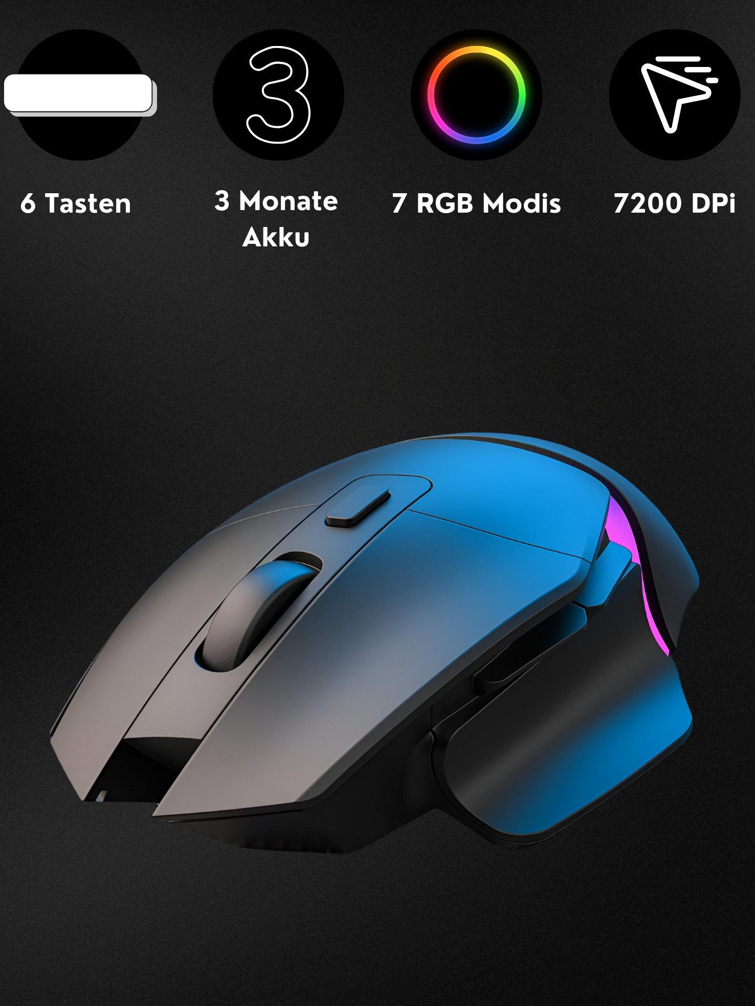 S&T Design Bluetooth Gaming Maus Kabellos RGB Ergonomisch Funk 2.5G Schwarz Gaming-Maus (Funk, Bluetooth, 7200 dpi, Plug & Play (LAUT) Daumenablage 90g Leicht G – Bild 4 von 5