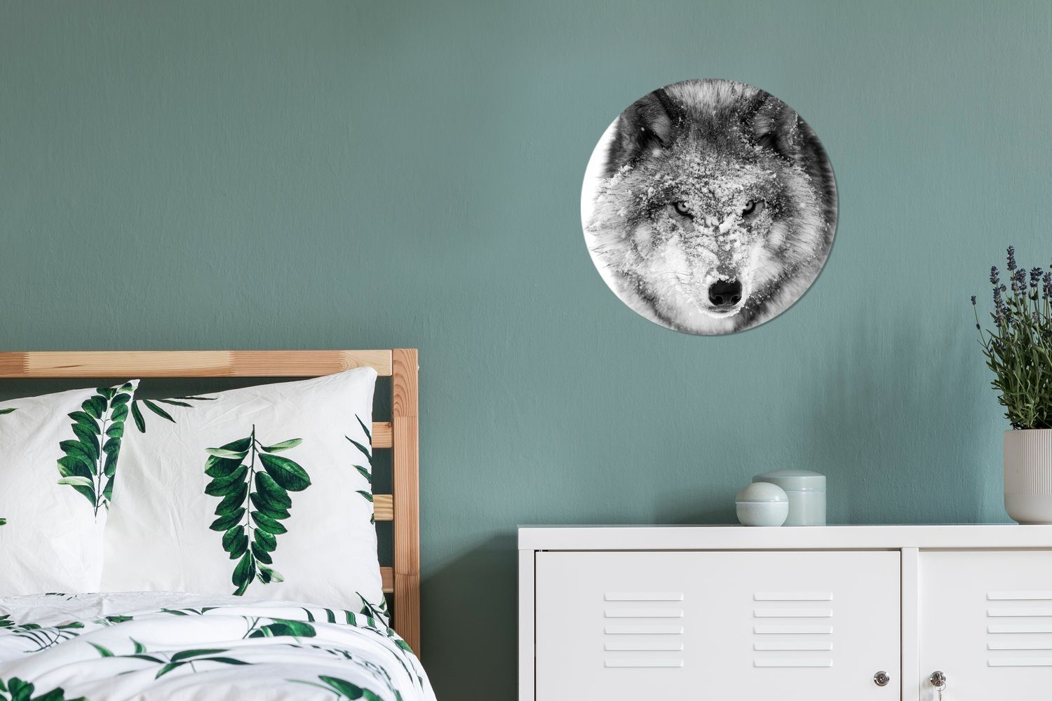 Kreis Wandbild, Wolf Gemälde St), Rundes cm 30x30 Kopf in mit MuchoWow (1 Wohnzimmer, verschneitem Wanddekoration schwarz-weiß, Forex,