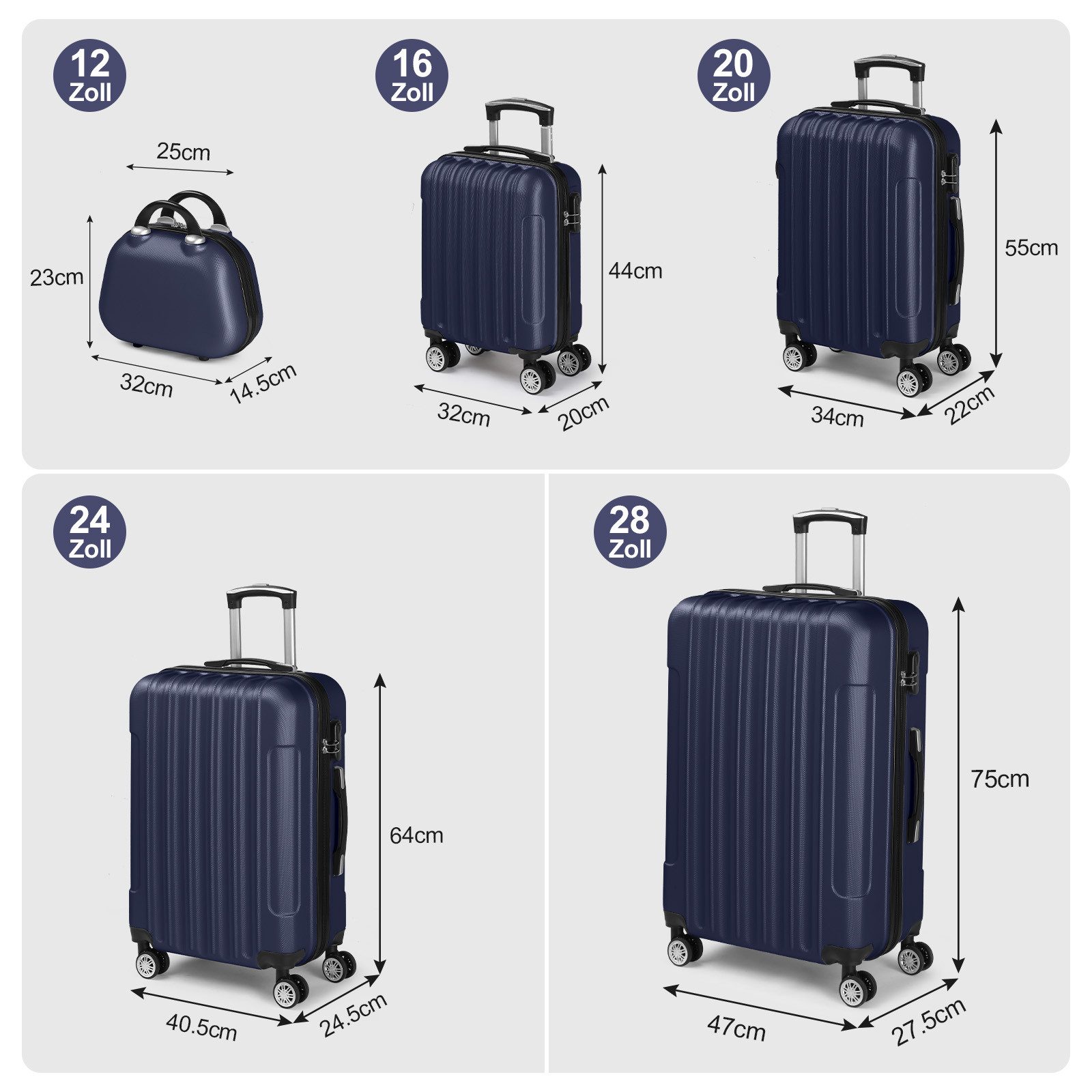 LALAHO Trolley Kofferset Hartschale Reisekoffer, 360° Rollen, 4 Rollen, 5er Set Handgepäck, Koffer, mit Kosmetikkoffer, Schwarzblau – Bild 2 von 5