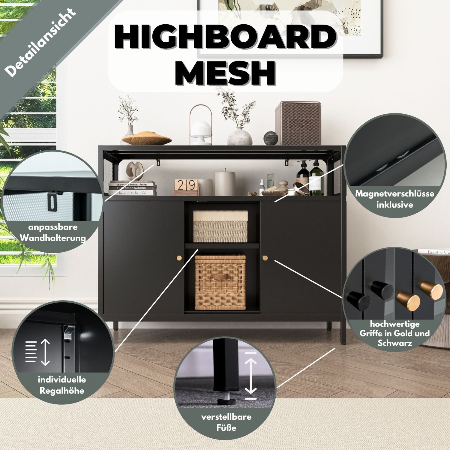 Mein-Regal Sideboard MESH, Schwarz Kommode modern Metall Schrank Schiebetür günstig online kaufen