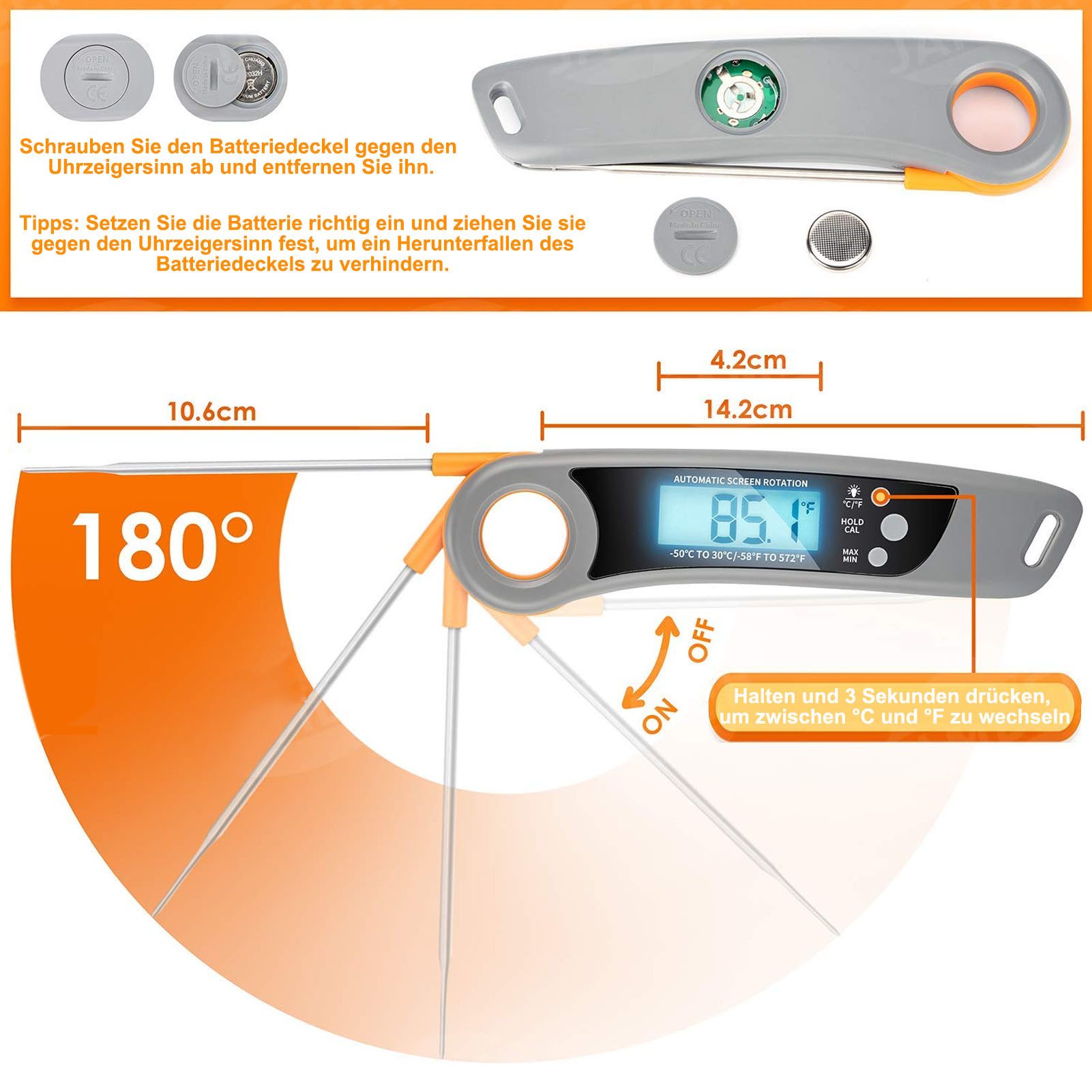 AIMAX Kochthermometer Thermometer Fleischthermometer Grillthermometer Bratenthermometer, Küchenthermometer, BPA- Frei, Drehbares LCD-Display, Sofortanzeige, Messbereich von -50°C bis 300°C 1-tlg., Mit Magnetrückseite für eine einfache Anbringung am Grill/ Kühlschrank, Korrosionsbeständig, hochtemperaturbeständig, leicht zu reinigen
