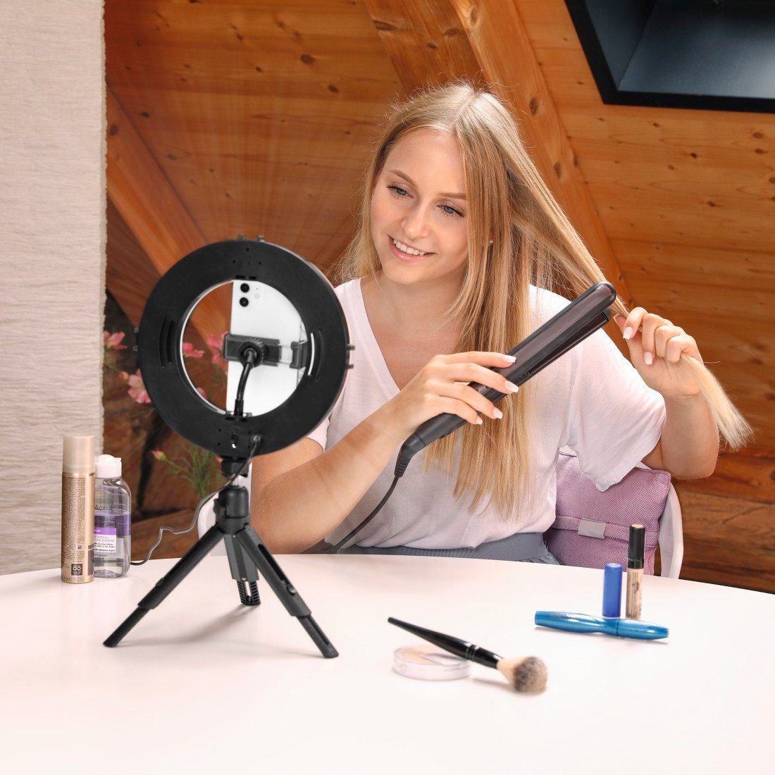 LED Webcam, Handy, mit Ringleuchte Videokonferenz für Mikrofon, Hama Stativ Ringlicht