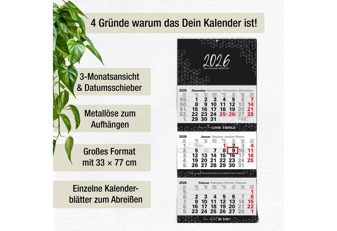 Thumbnail - TOBJA Wandkalender 3 Monatskalender 2026 Wandkalender mit Schieber Block Schwarz, Kalender 2026 Wandkalender, gefalzt!