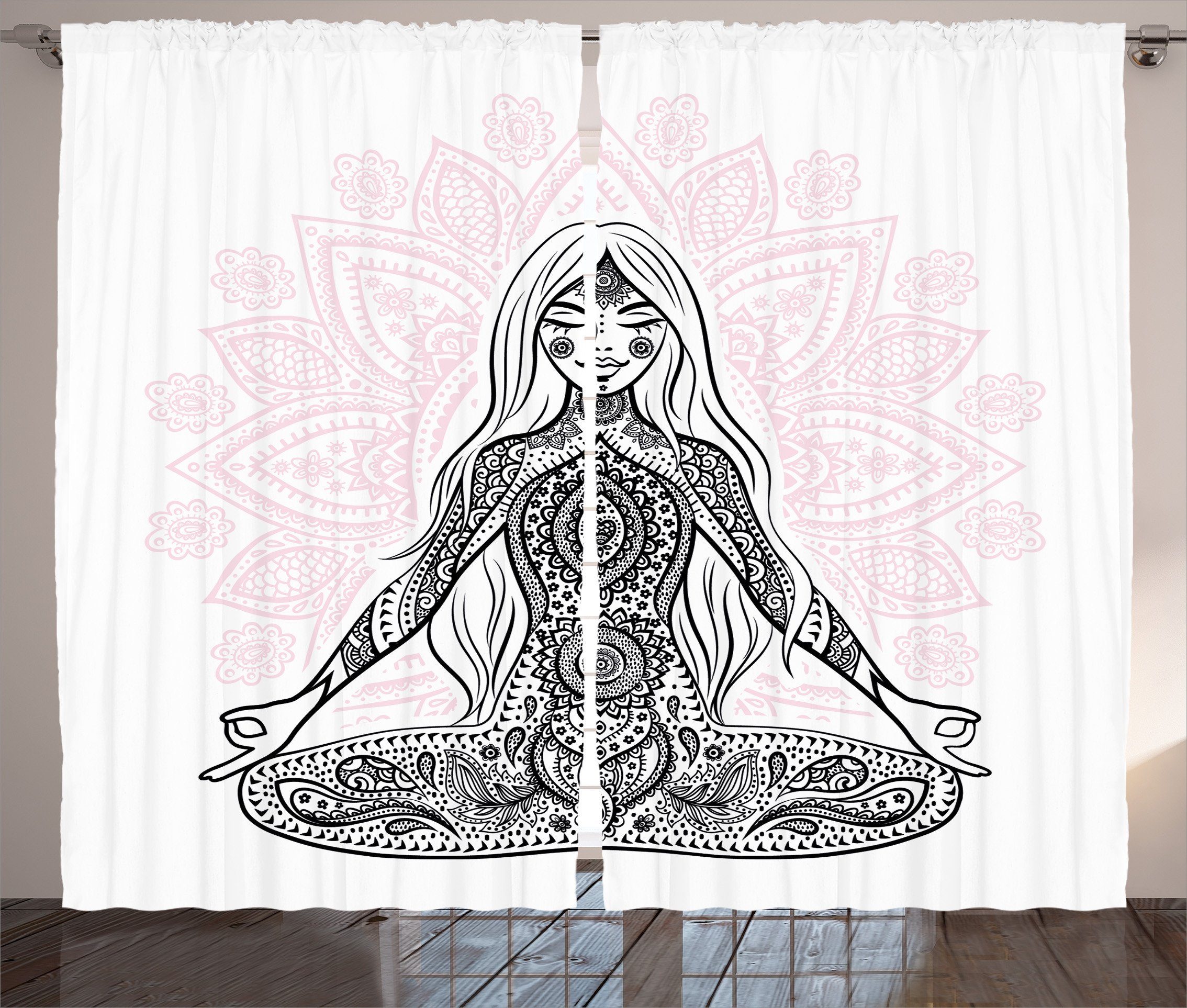 Gardine Schlaufen Kräuselband Meditation Lotus Yoga mit und Abakuhaus, Mandala Vorhang Schlafzimmer Haken,