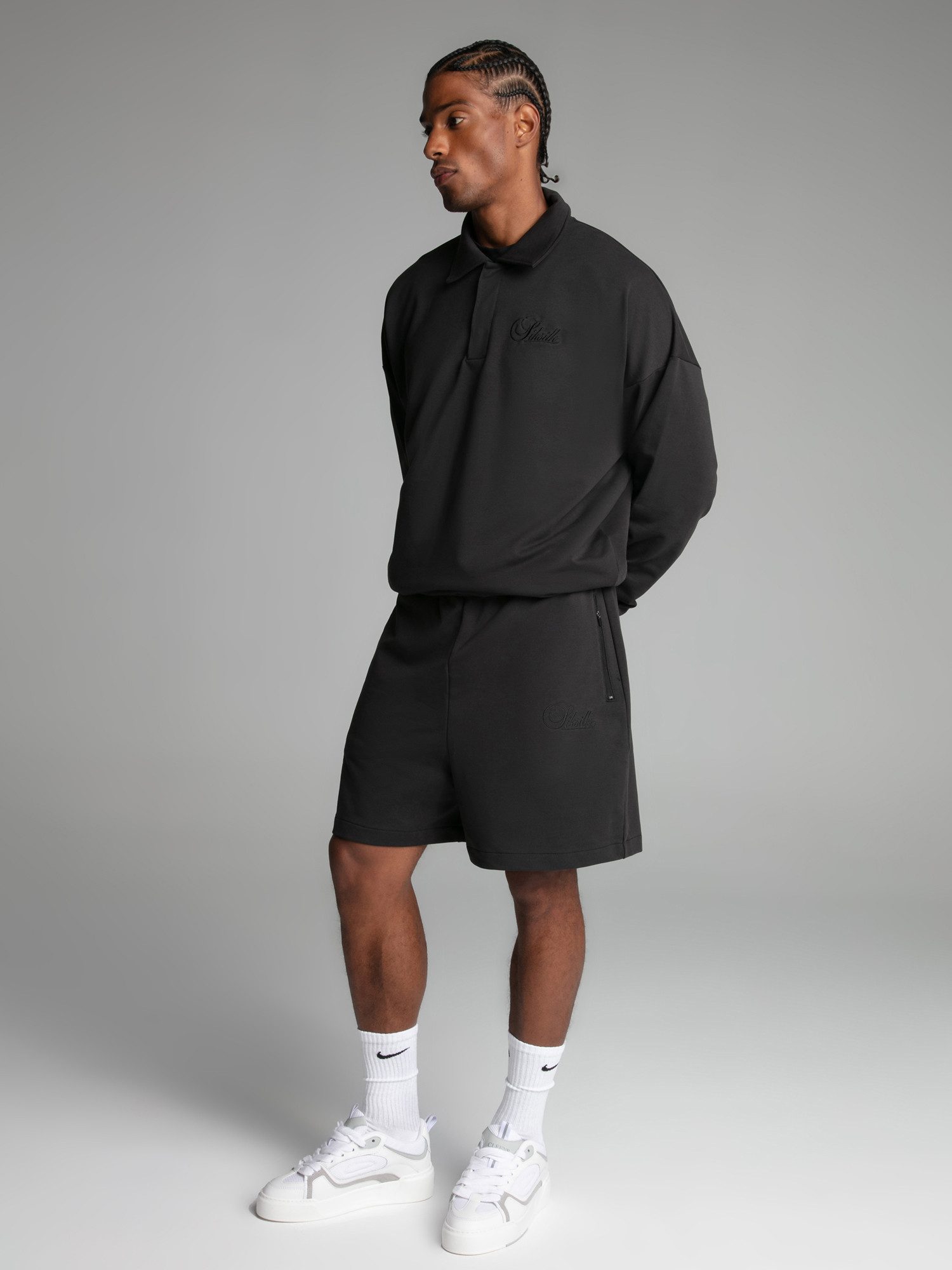 Siksilk Sweatshirt SikSilk Herren Gewaschener Schwarzer Polo Pullover