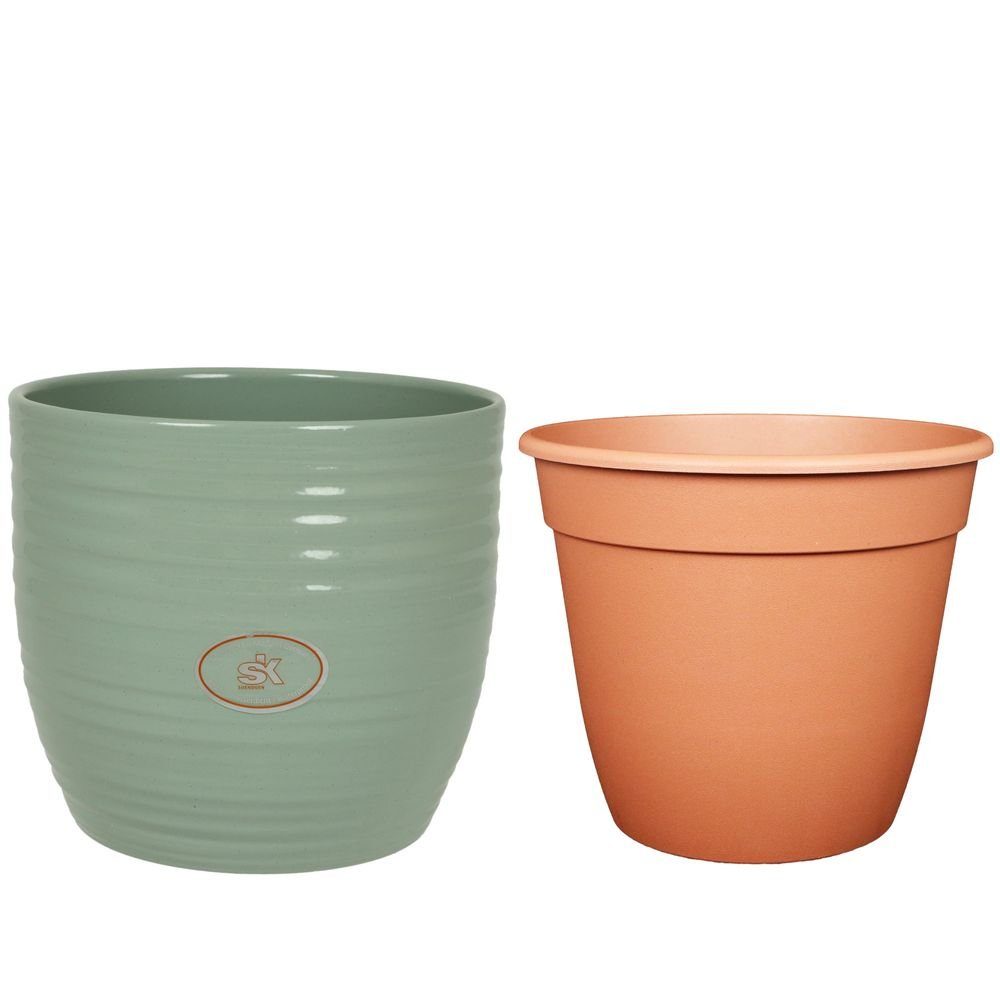 Heimwerkercenter Übertopf Set - Keramikübertopf Bergamo ø21 cm, gletscherblau + Pflanztopf ø20