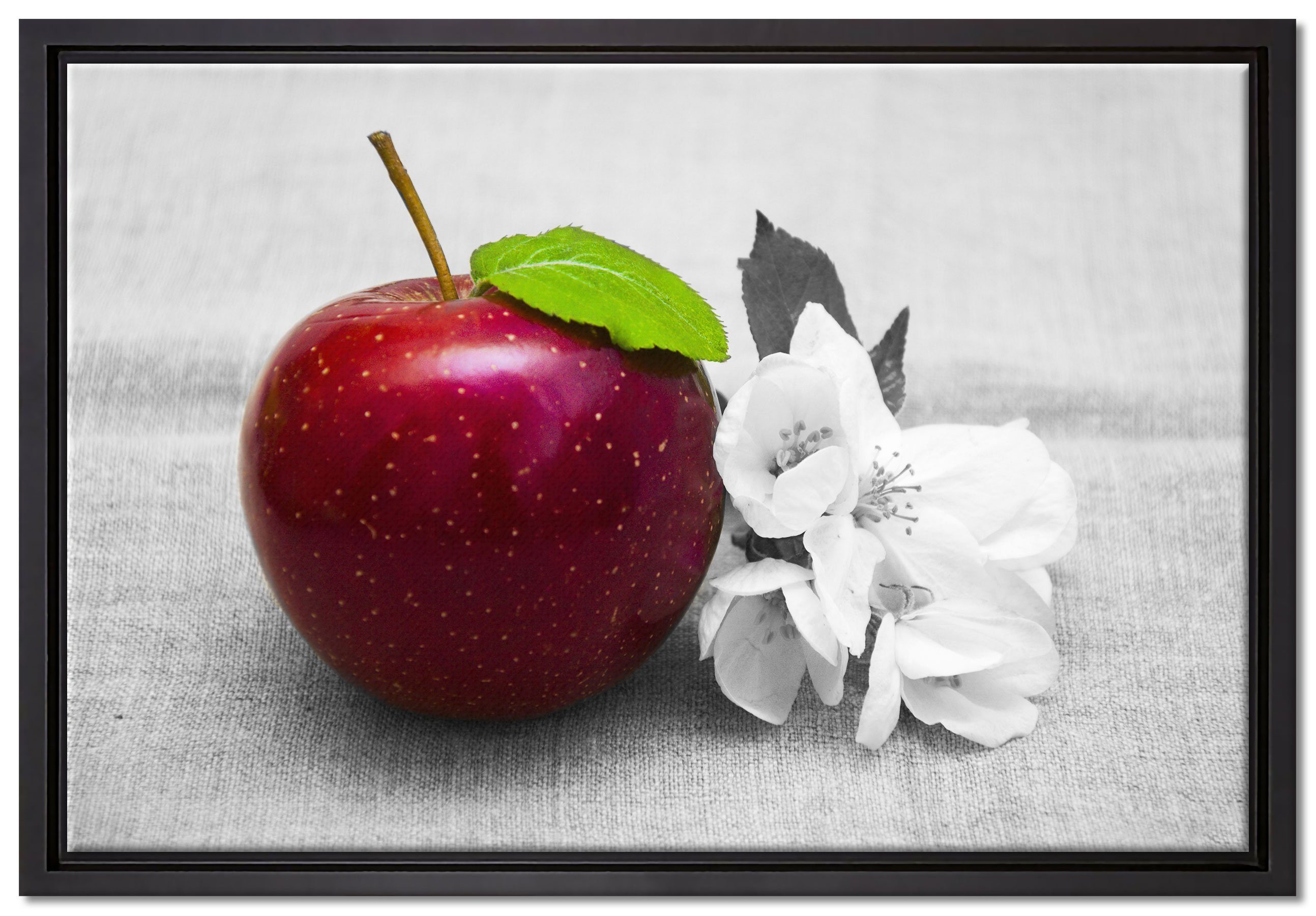 Pixxprint Leinwandbild Schöner roter Apfel bespannt, St), (1 fertig gefasst, Schattenfugen-Bilderrahmen Blüten, einem inkl. Zackenaufhänger Leinwandbild in Wanddekoration mit