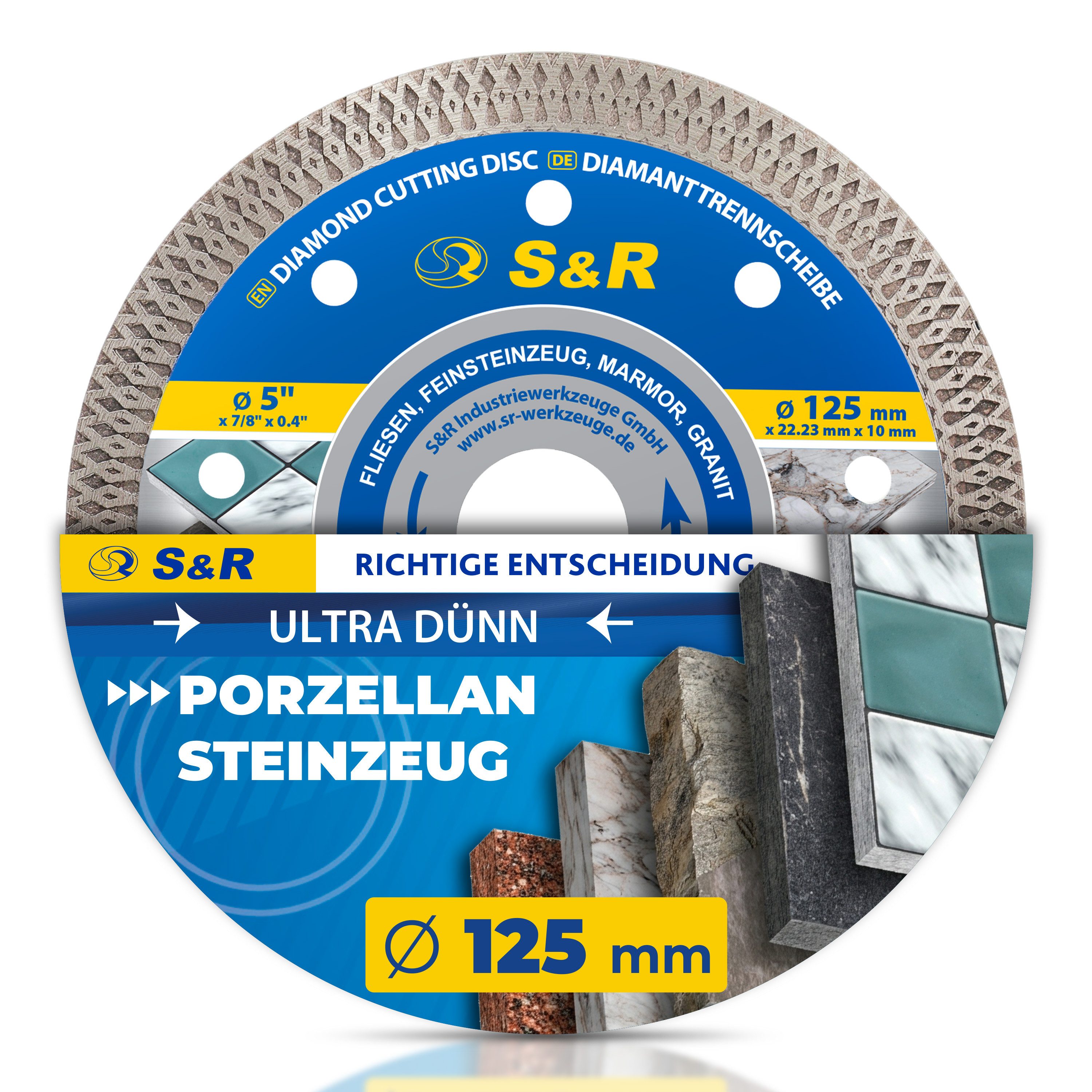 S&R Diamanttrennscheibe Diamanttrennscheibe 125 mm für Feinsteinzeug Fliesen Granit