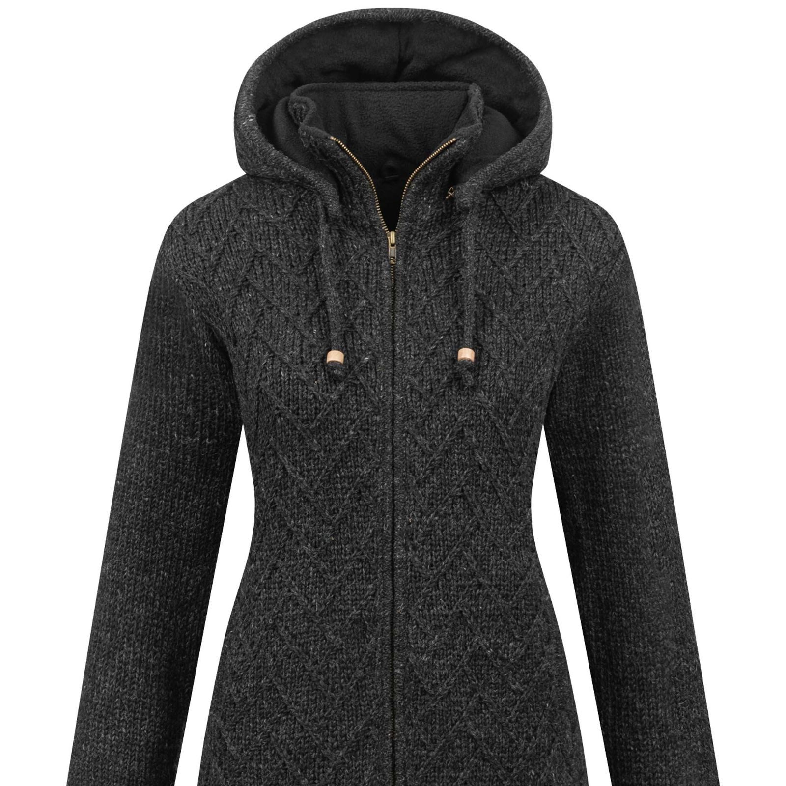KUNST UND MAGIE Longstrickjacke Klassische Strickjacke Kurzmantel Wolle + Fleecefutter und Kapuze