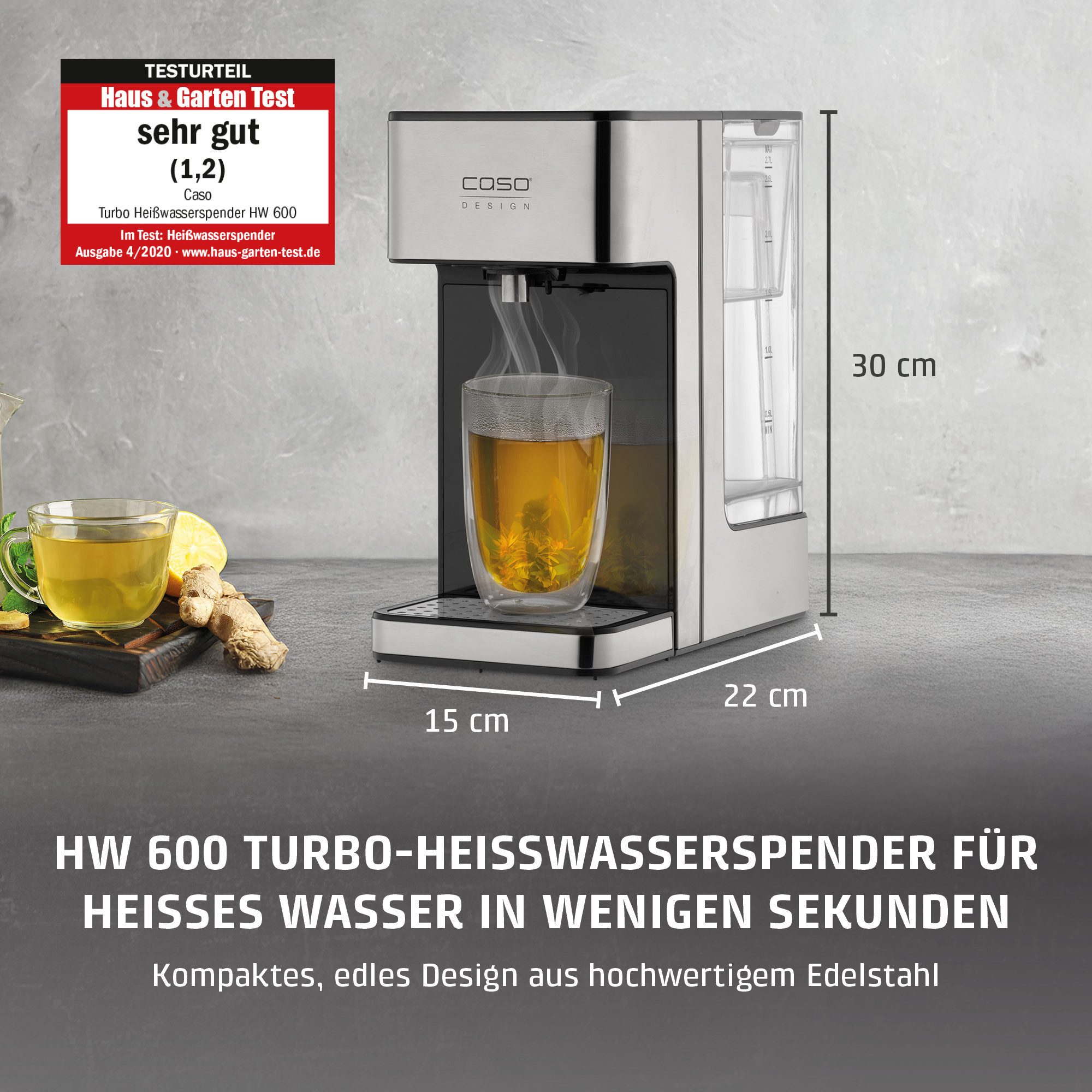 Caso Heißwasserspender HW 600, 2600 W, Abnehmbarer 2,7 Liter Wassertank, Entkalkungserinnerung