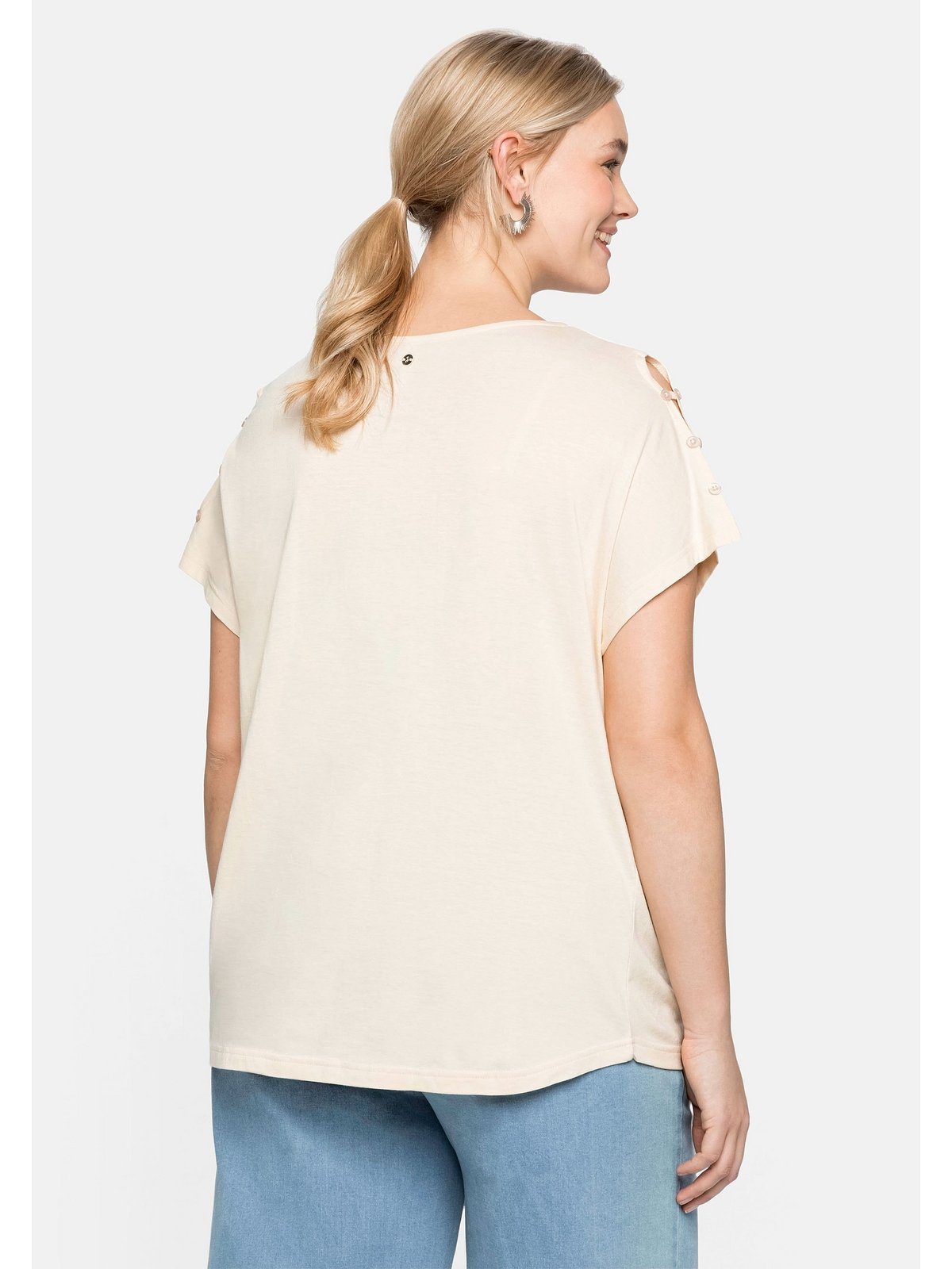 Sheego T-Shirt offener Schulterpartie, mit in leichter Große A-Linie natur Größen