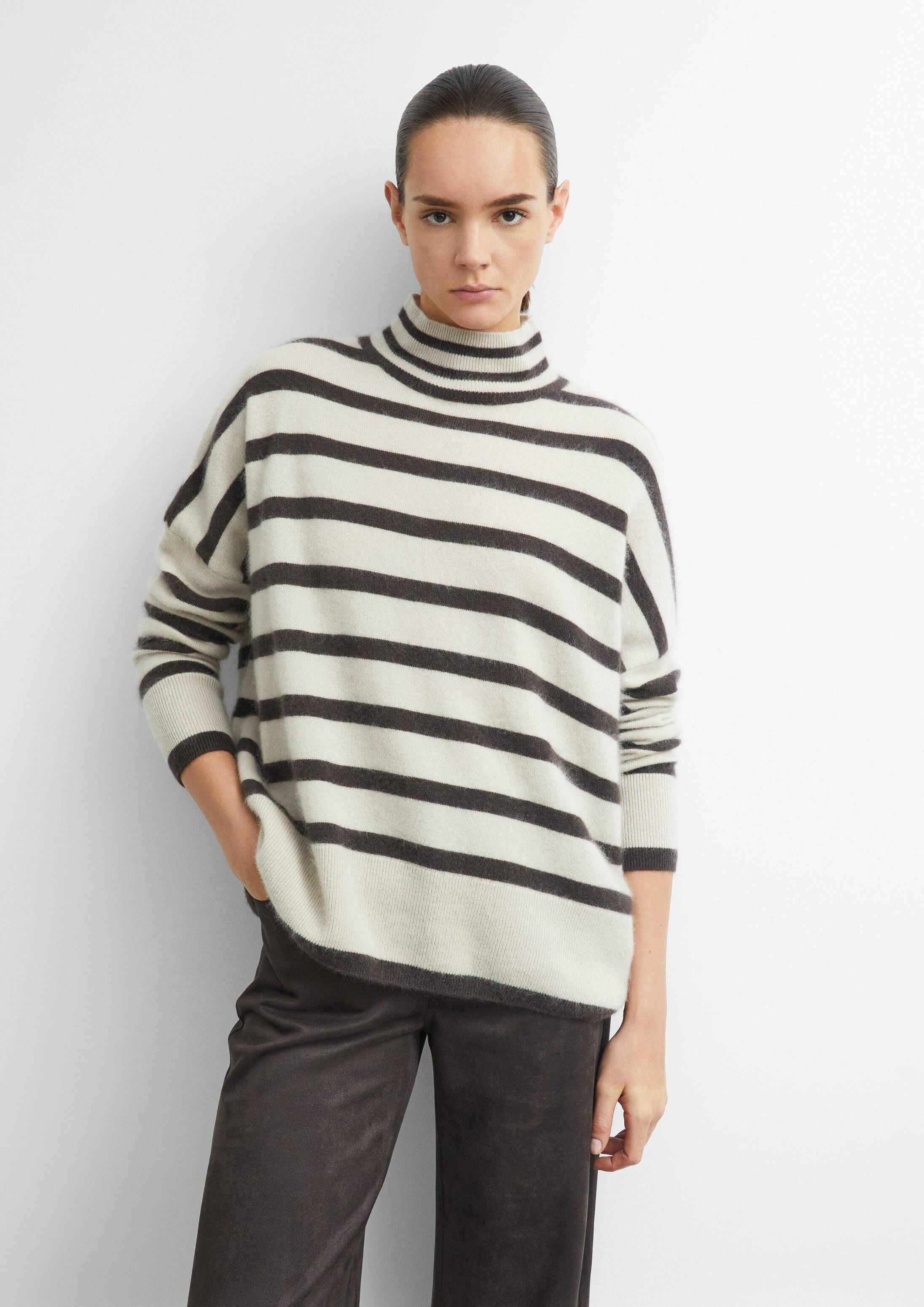 comma Longpullover Strickpullover Gestreifter Pullover aus 100% gebrushter Wolle