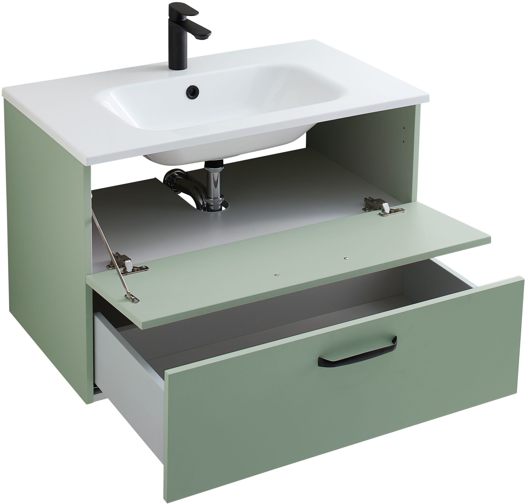 Saphir Badmöbel-Set Quickset 500, Waschtischunterschrank mit Mineralmarmorwaschtisch, (2-St), Waschplatz mit Mineralmarmorbecken, Klappe und Schublade