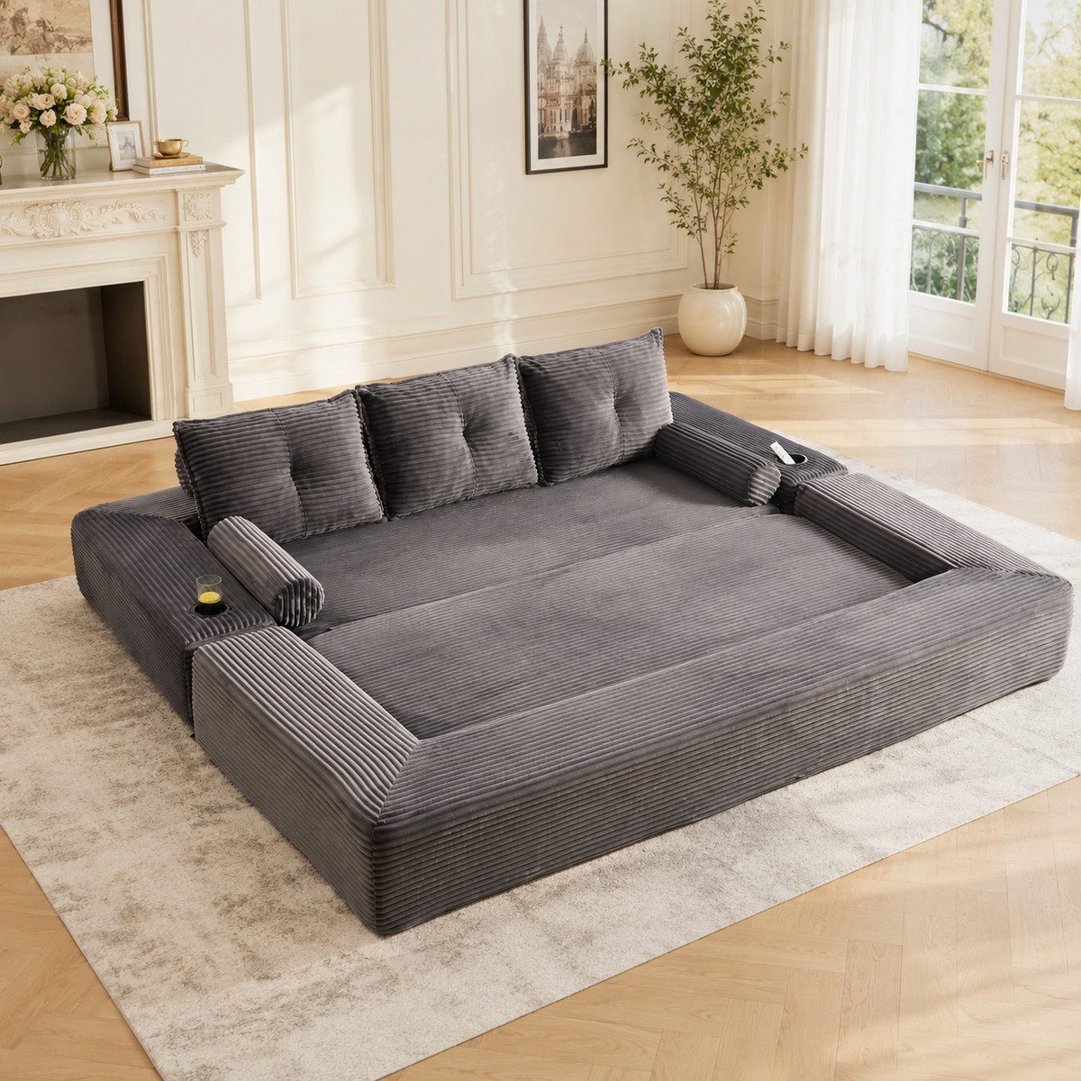 Odikalo Sofa Schlafsofa Cord-Klappsofa mit Seitentasche & Getränkehalter, mit hochdichtem Schaumstoff & Federkern für formstabilen Sitz, Armlehne mit Reißverschluss, vakuumverpackt, einfache Montage, für Wohnung & Wohnzimmer.