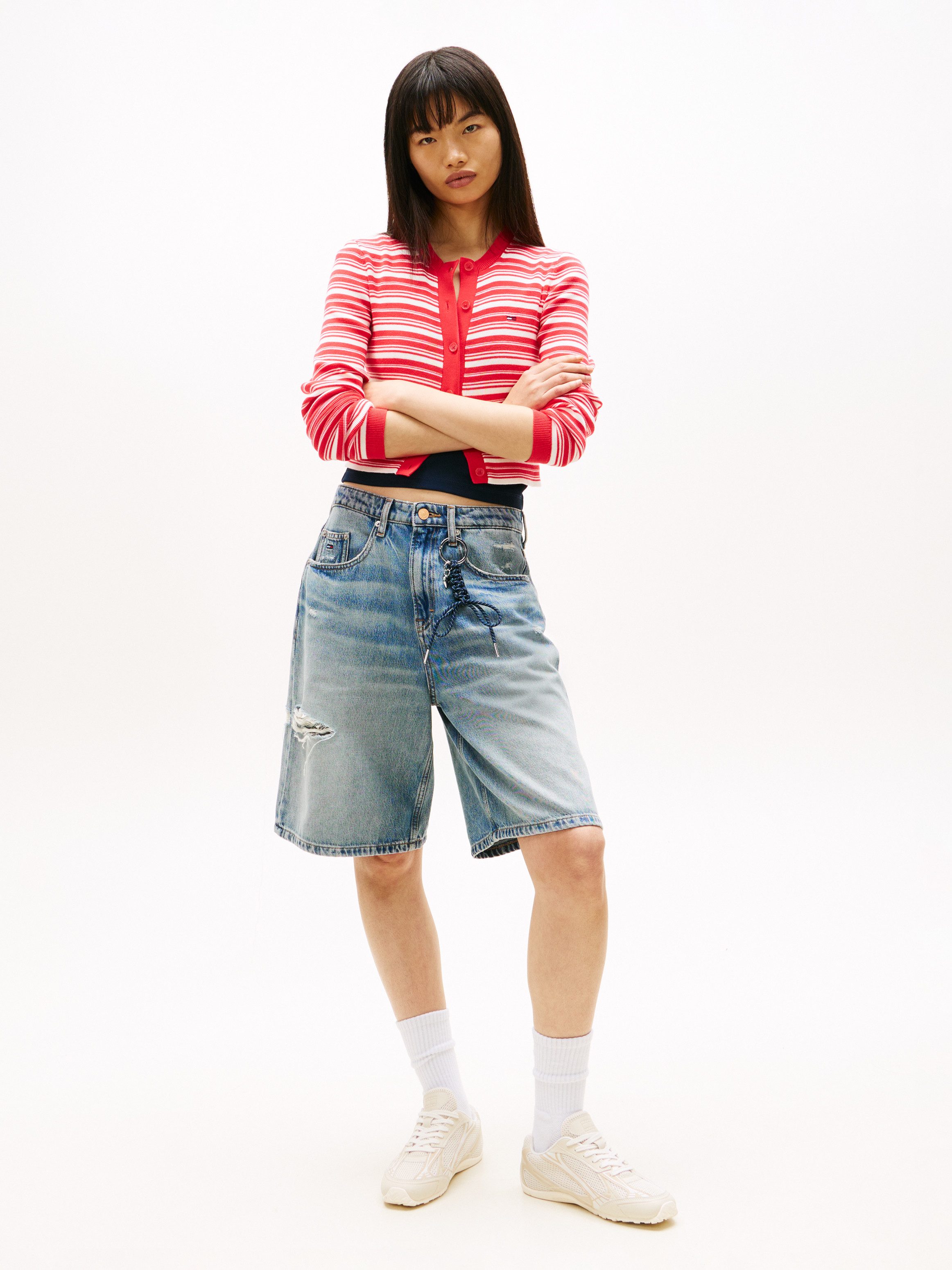 Tommy Jeans Strickjacke TJW CREW NECK STRIPE CARDI EXT reine Baumwolle, Streifen Look