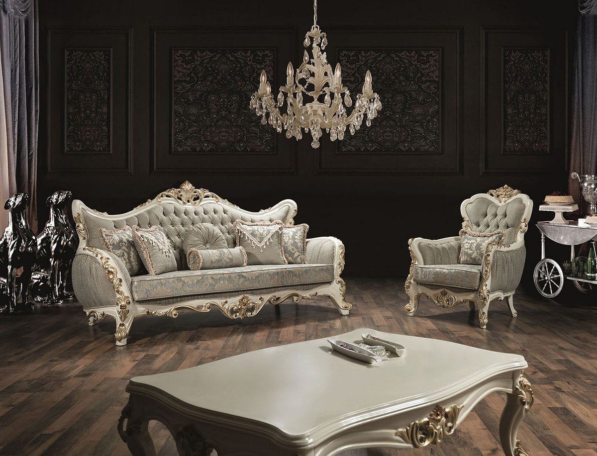 Casa Padrino Glitzersteinen mit Sofa 95 Prunkvolle Edle H. Barock x Luxus Couch cm - 235 / Weiß Grau und - / Sofa 120 x Wohnzimmer Gold Kissen Barockmöbel dekorativen