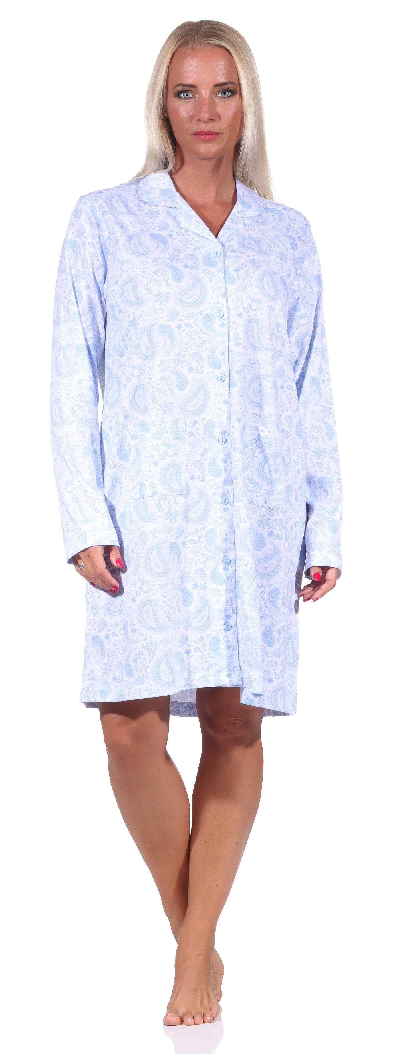 Normann Nachthemd Edles Damen Nachthemd langarm zum durchknöpfen in Jersey Qualität hellblau