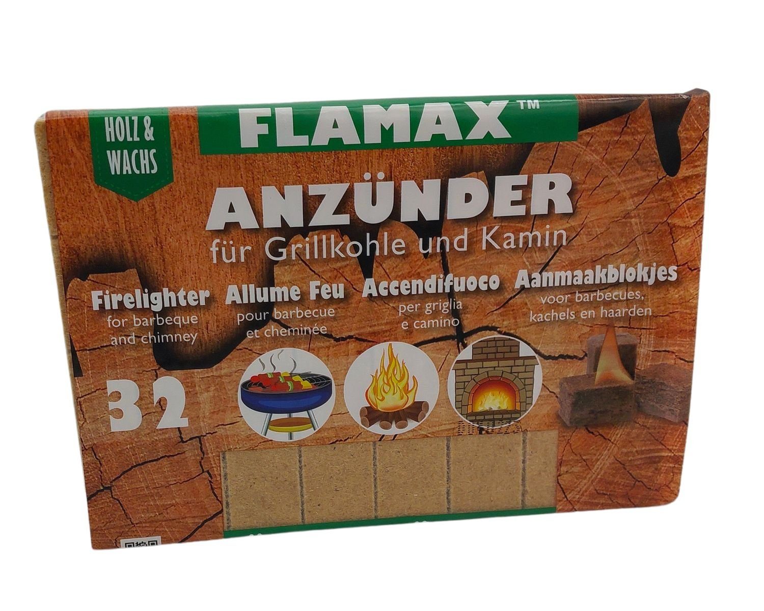 FLAMAX Grillanzünder BIO Kohleanzünder 32er Ökoanzünder Ofenanzünder Kaminanzünder Anzündw