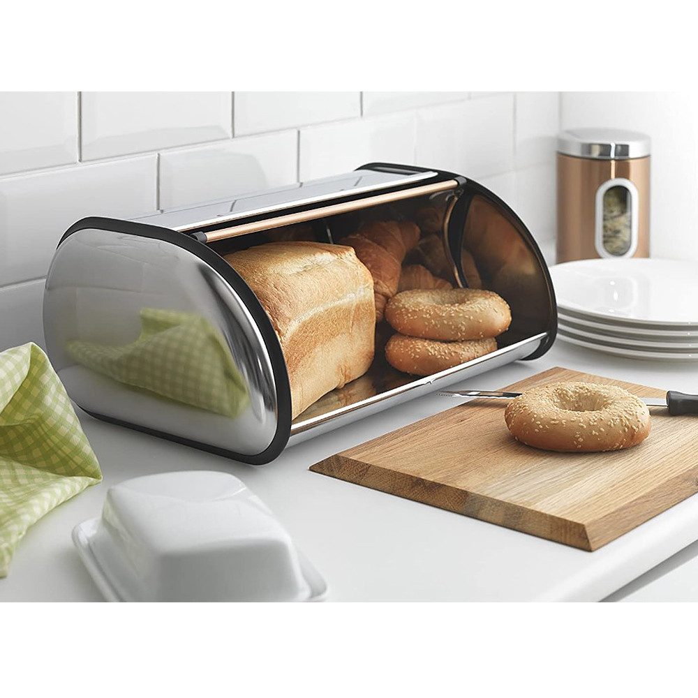 JEOBEST Brotkasten Brotkasten aus Edelstahl, Brotbox mit Rolldeckel, ca. 44 x 27 x 18cm, großer, flacher Oberseite – Bild 3 von 5